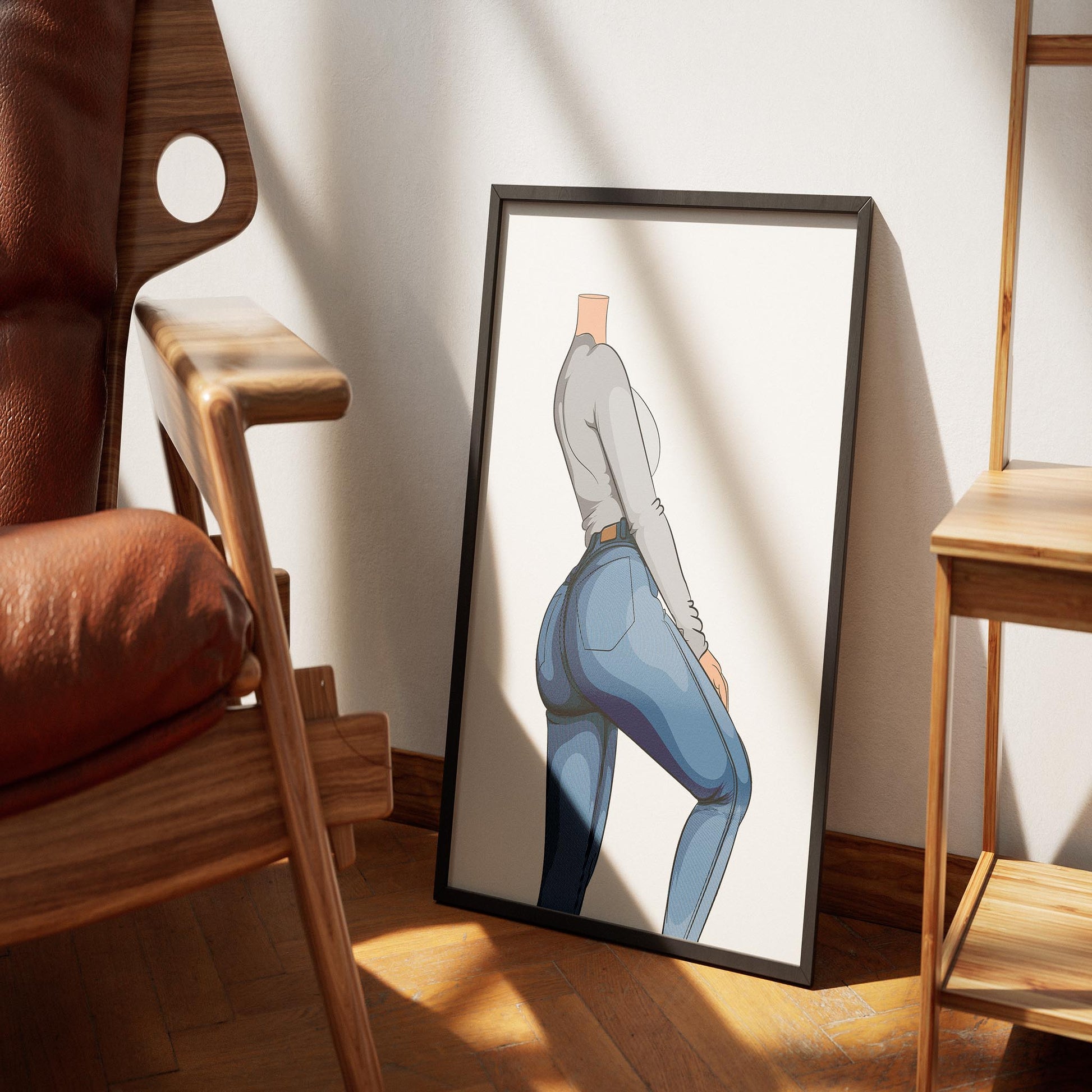 Modern illustration of jeans denim model 25 with dynamic pose and textured design in a framed artwork.