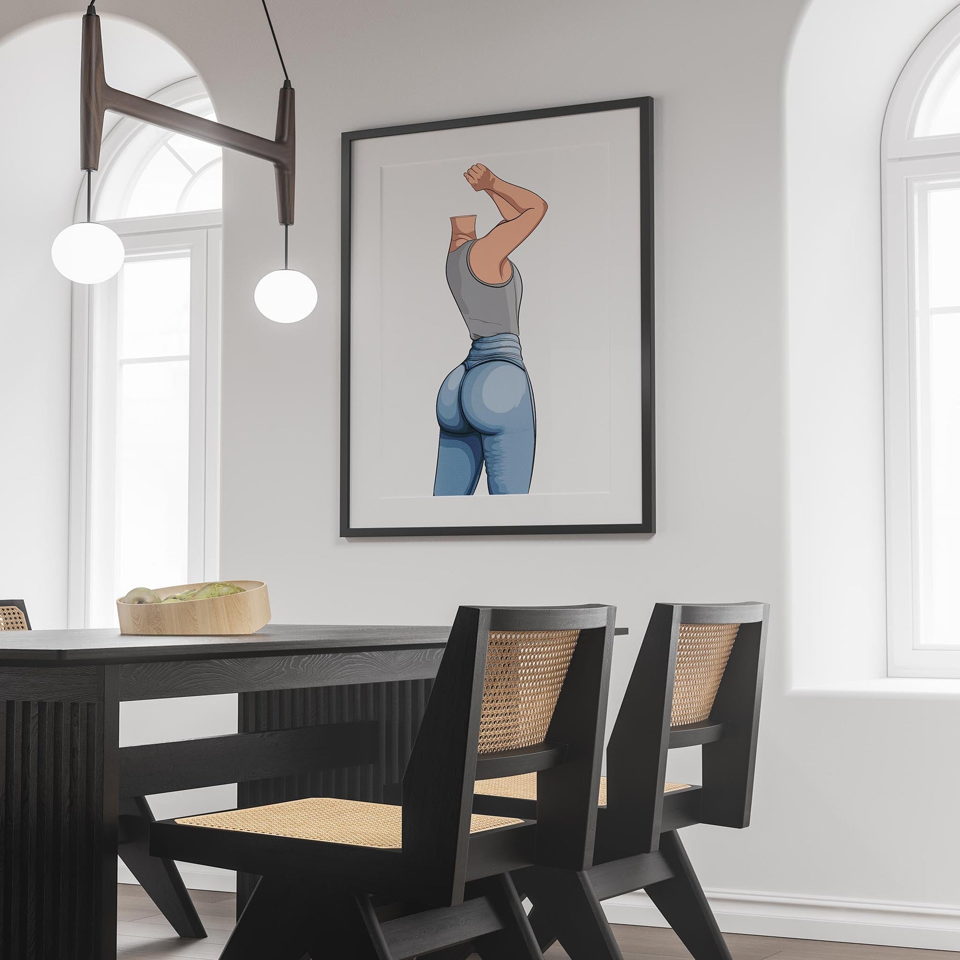 Jeans Denim - Baked Model Art 26 in dynamic pose, framed artwork in modern room.