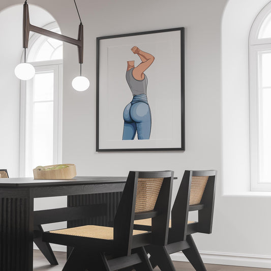 Jeans Denim - Baked Model Art 26 in dynamic pose, framed artwork in modern room.