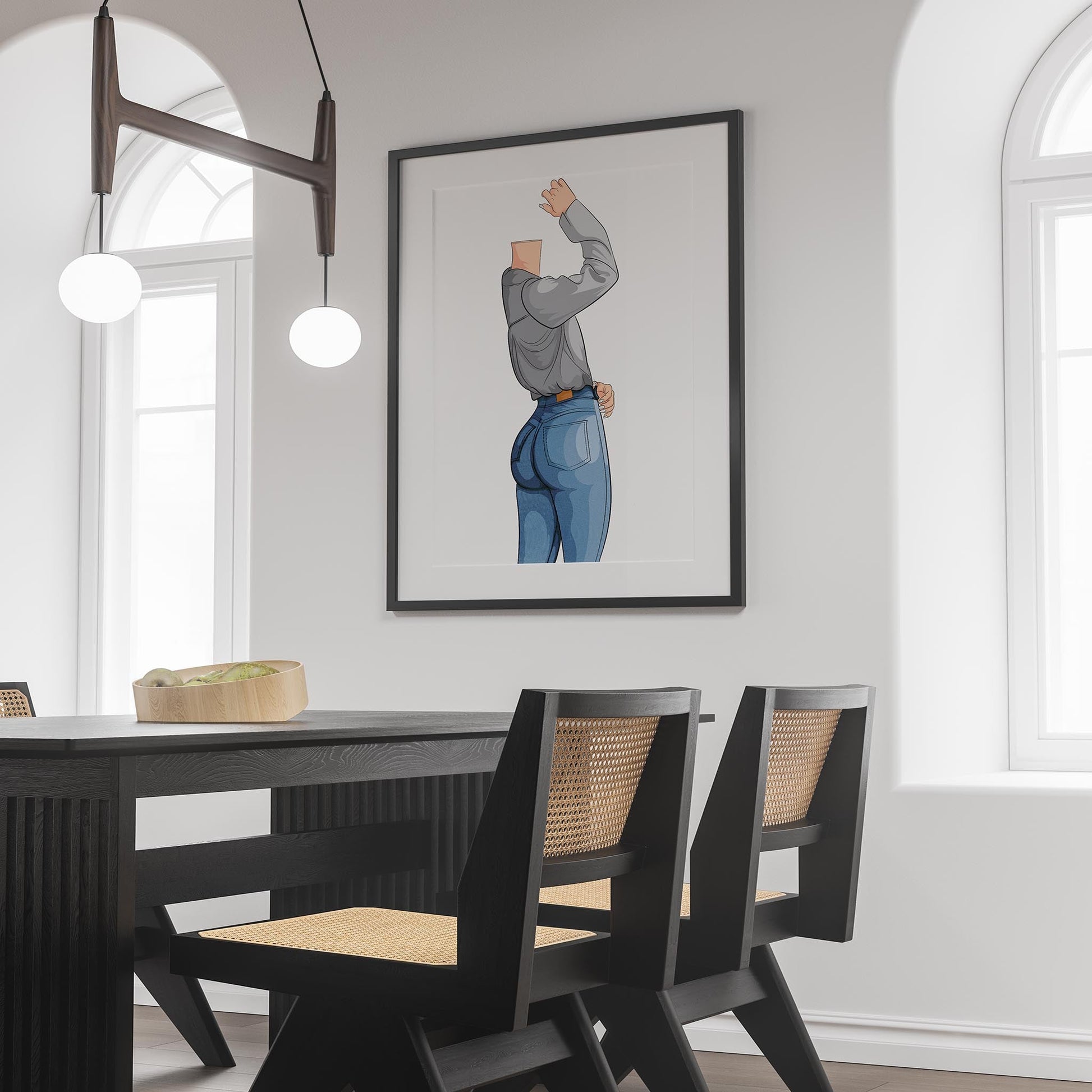 Illustration of character in form-fitting denim jeans, titled "Jeans Denim - Baked Model Art 27", displayed in a modern room setting.