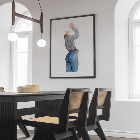 Illustration of character in form-fitting denim jeans, titled "Jeans Denim - Baked Model Art 27", displayed in a modern room setting.