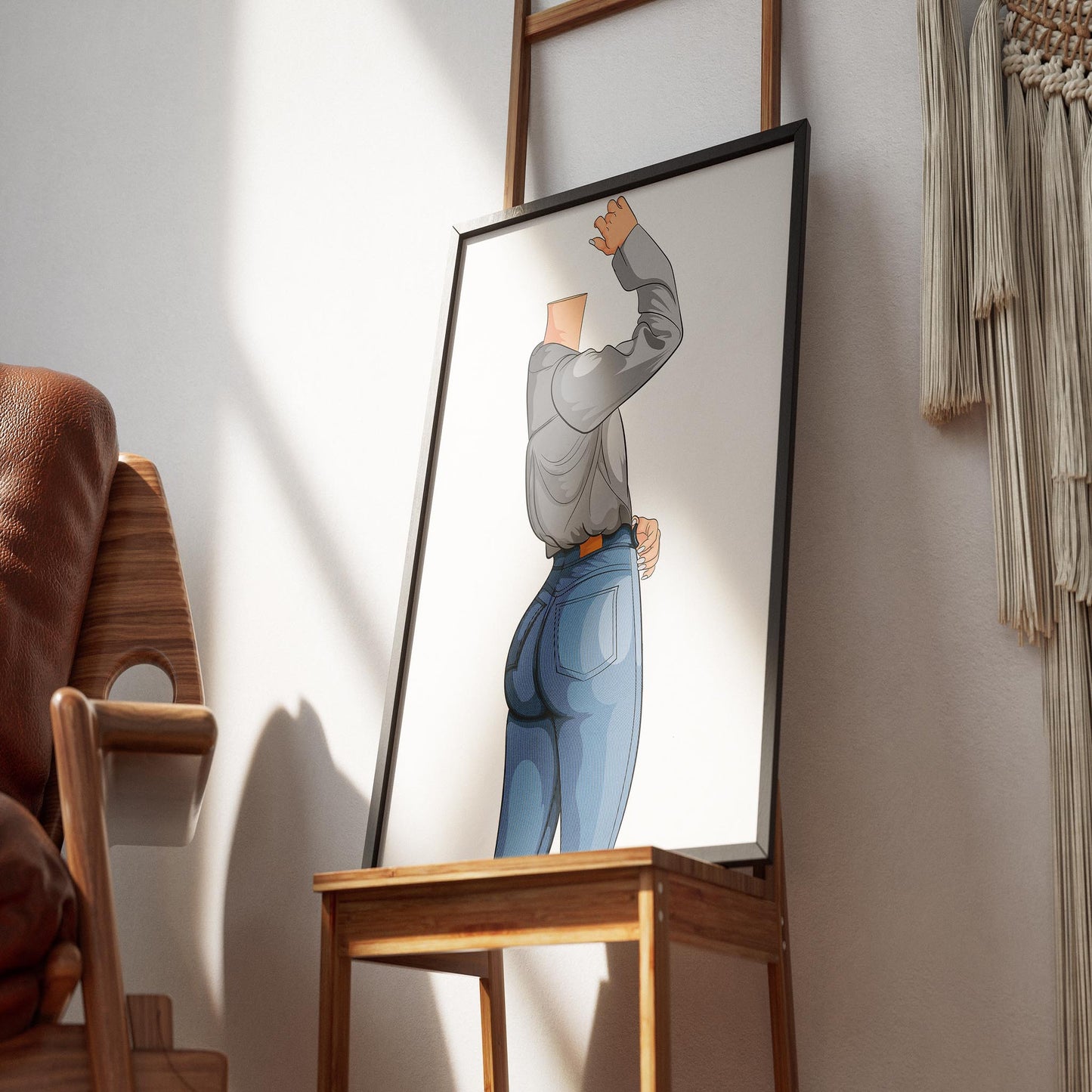 Illustration of character in jeans denim, emphasizing shading and material flexibility; posed casually in modern decor, highlighting fashion art.