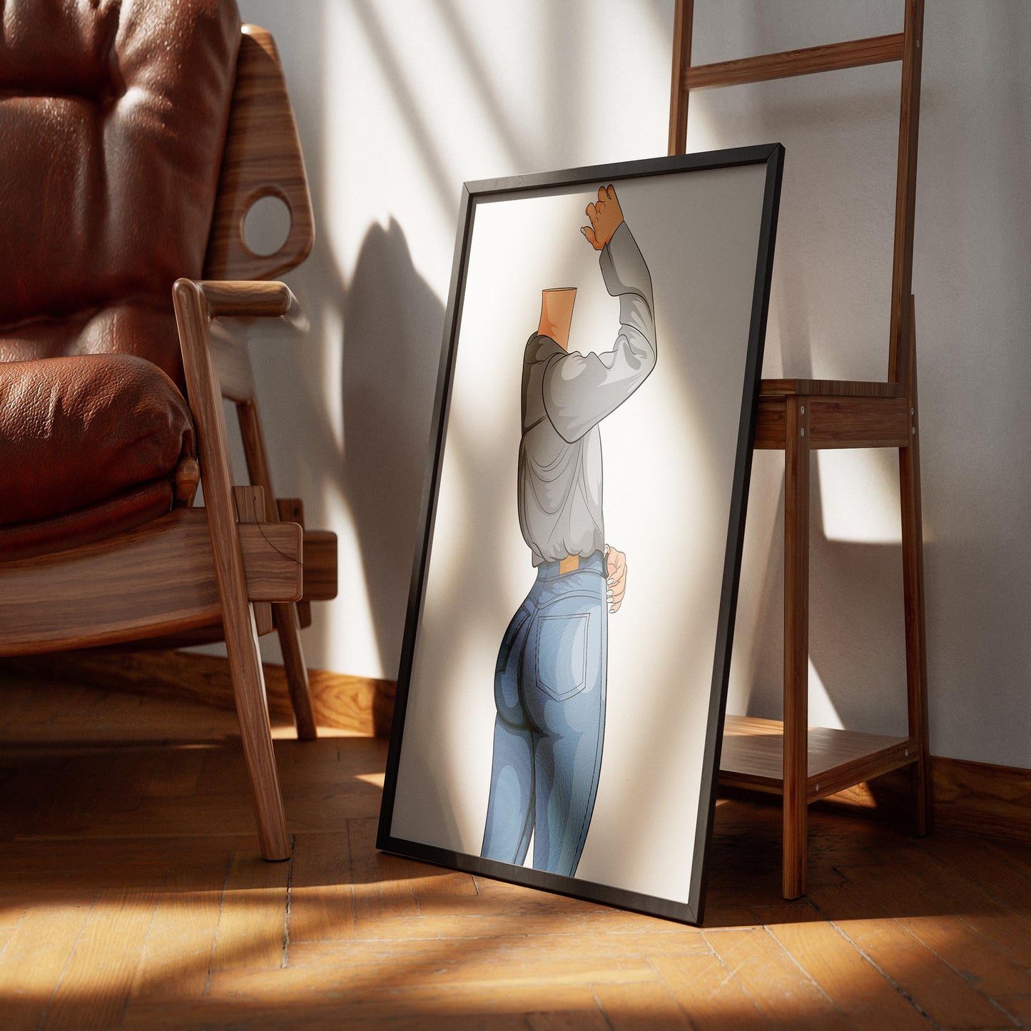 Illustration of a character wearing form-fitting denim jeans with intricate shading, emphasizing flexibility and realistic texture.