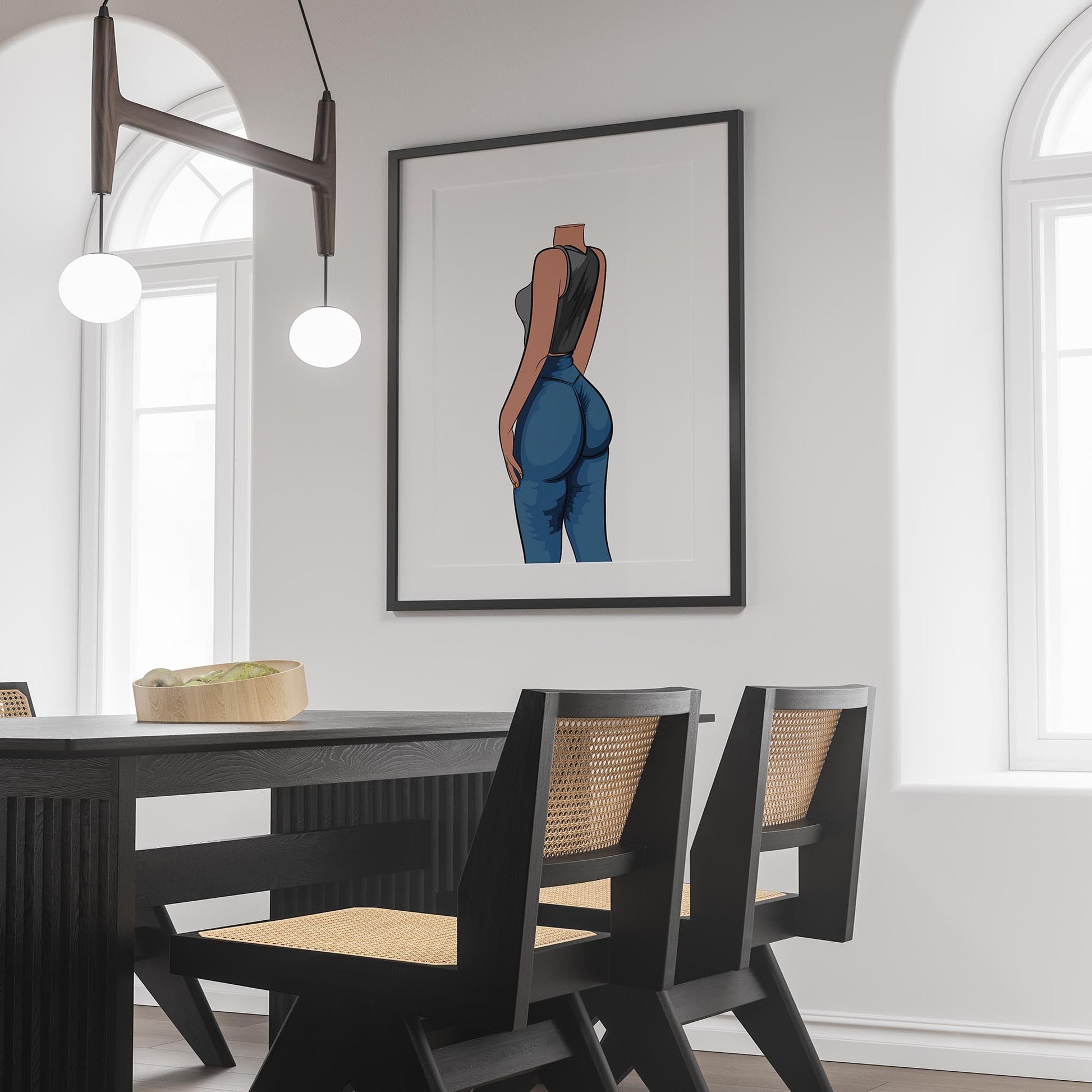 Framed artwork of Jeans Denim Model 29 showcasing sleek denim and a black top hanging in a modern dining room.
