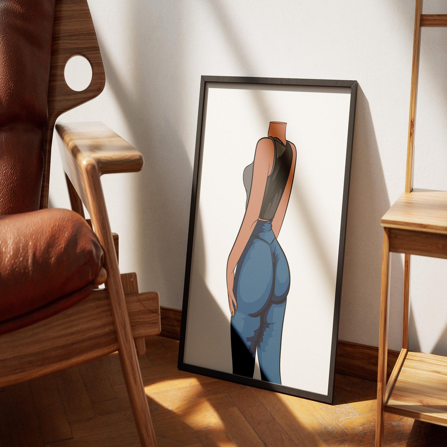 Framed illustration of sleek denim jeans and black top showcasing Jeans Denim - Baked Model Art 29.