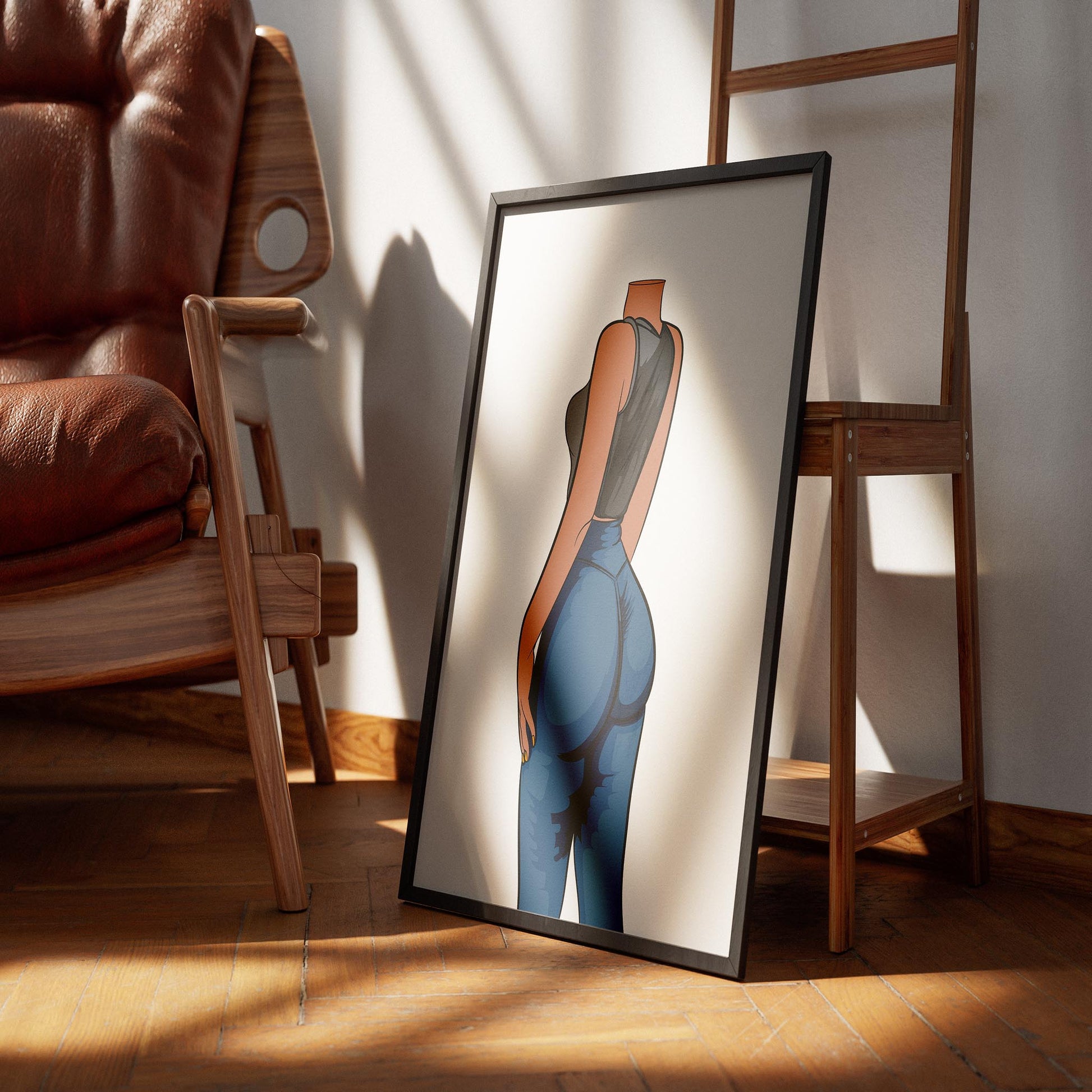 Digital art featuring fitted jeans and sleeveless black top, emphasizing modern fashion.