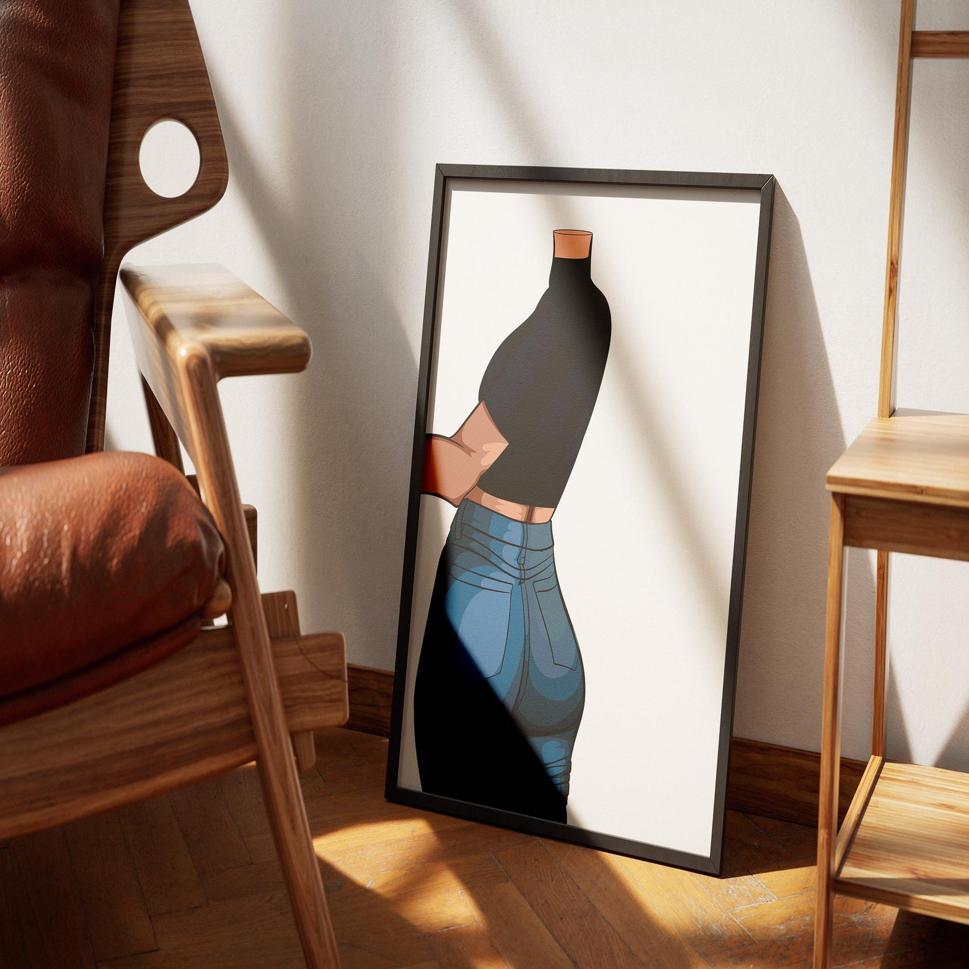 Framed pop art of headless figure in high-waisted jeans and cropped top; Jeans Denim - Baked Model Art 2.