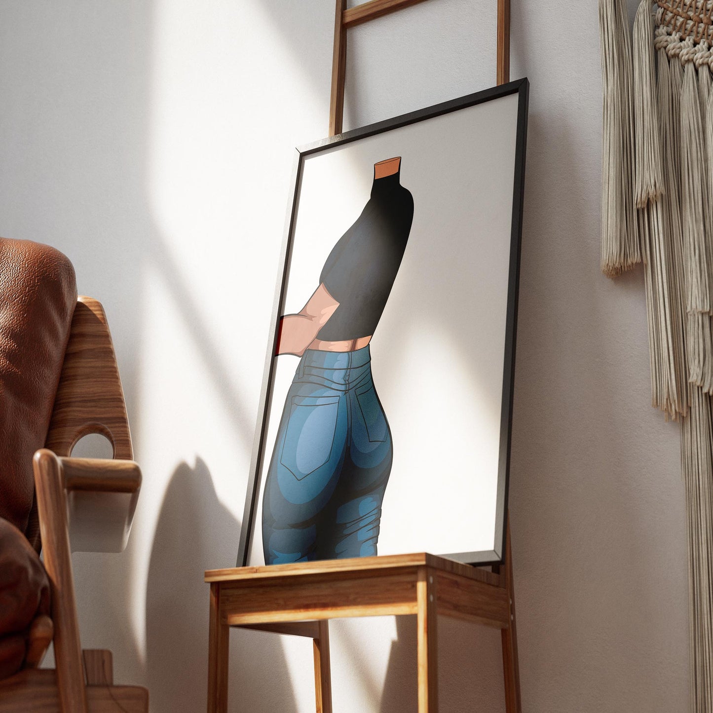 Digitalized art print of high-waisted jeans and crop top on an easel, showcasing modern fashion style with pop art design.