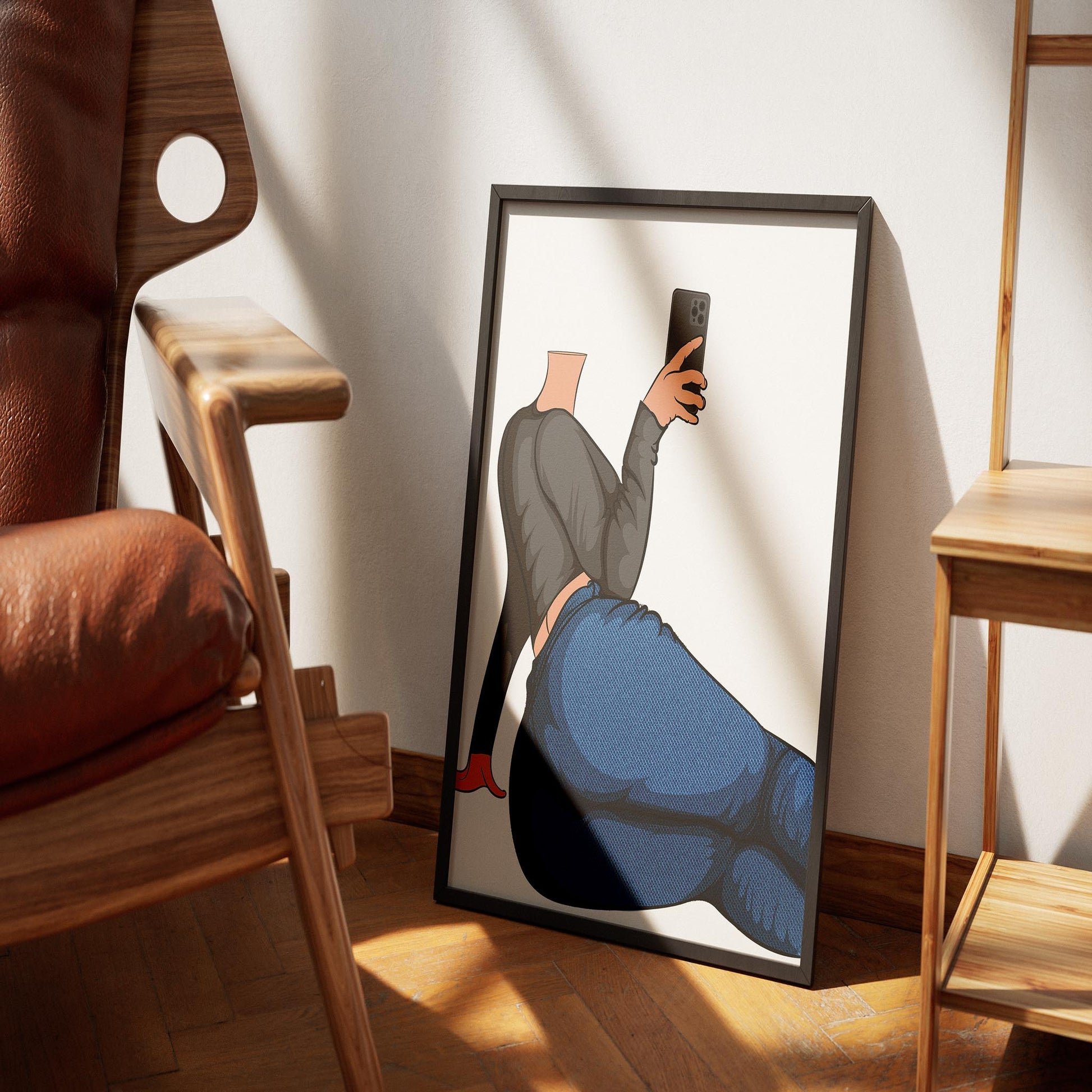 Illustration of a lounging character wearing Jeans Denim Model 30, holding a smartphone, showcasing detailed stitching and fabric folds for a stylish, relaxed look.