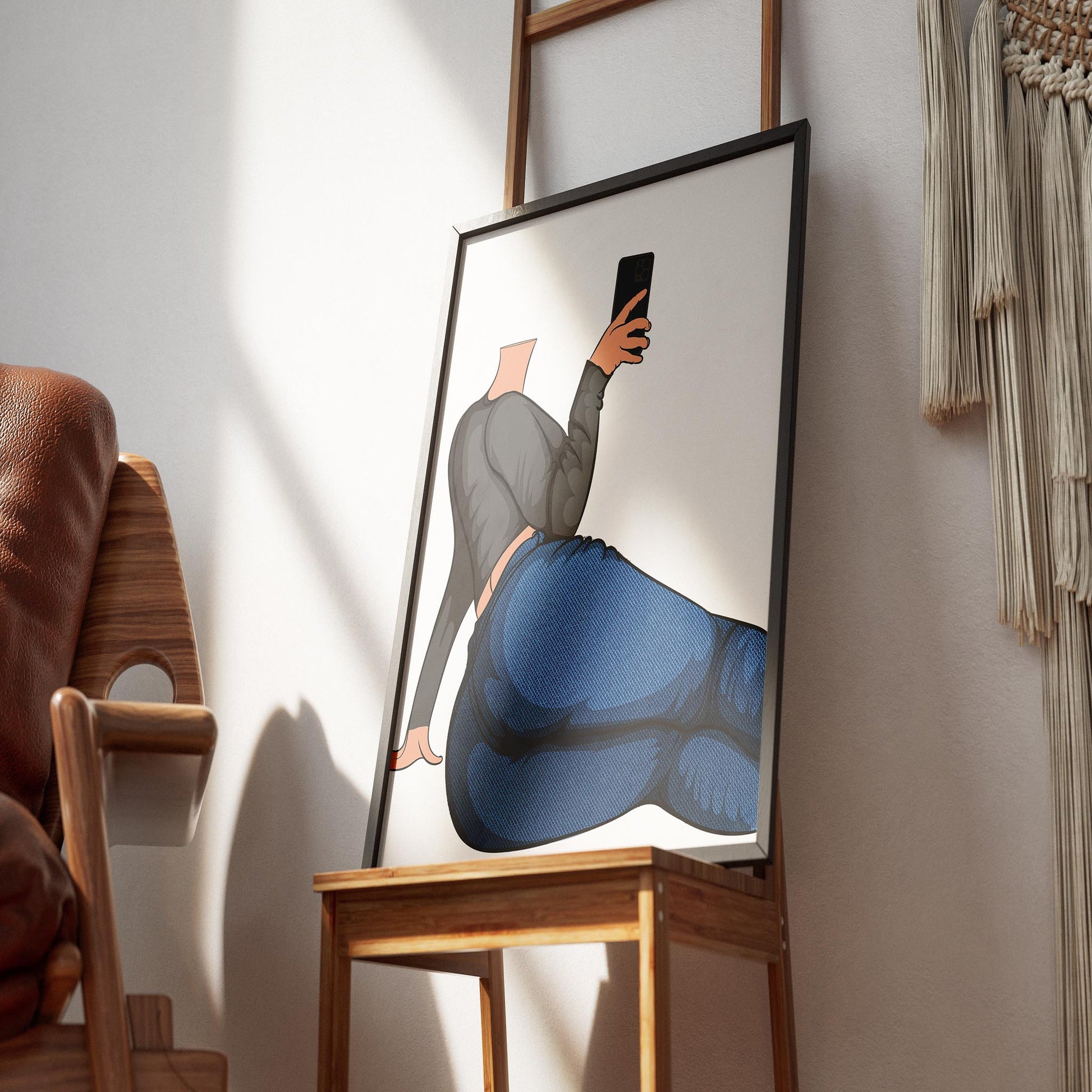 Jeans Denim Baked Model Art 30 illustration with reclined character and smartphone, showcasing textured jeans and relaxed pose.