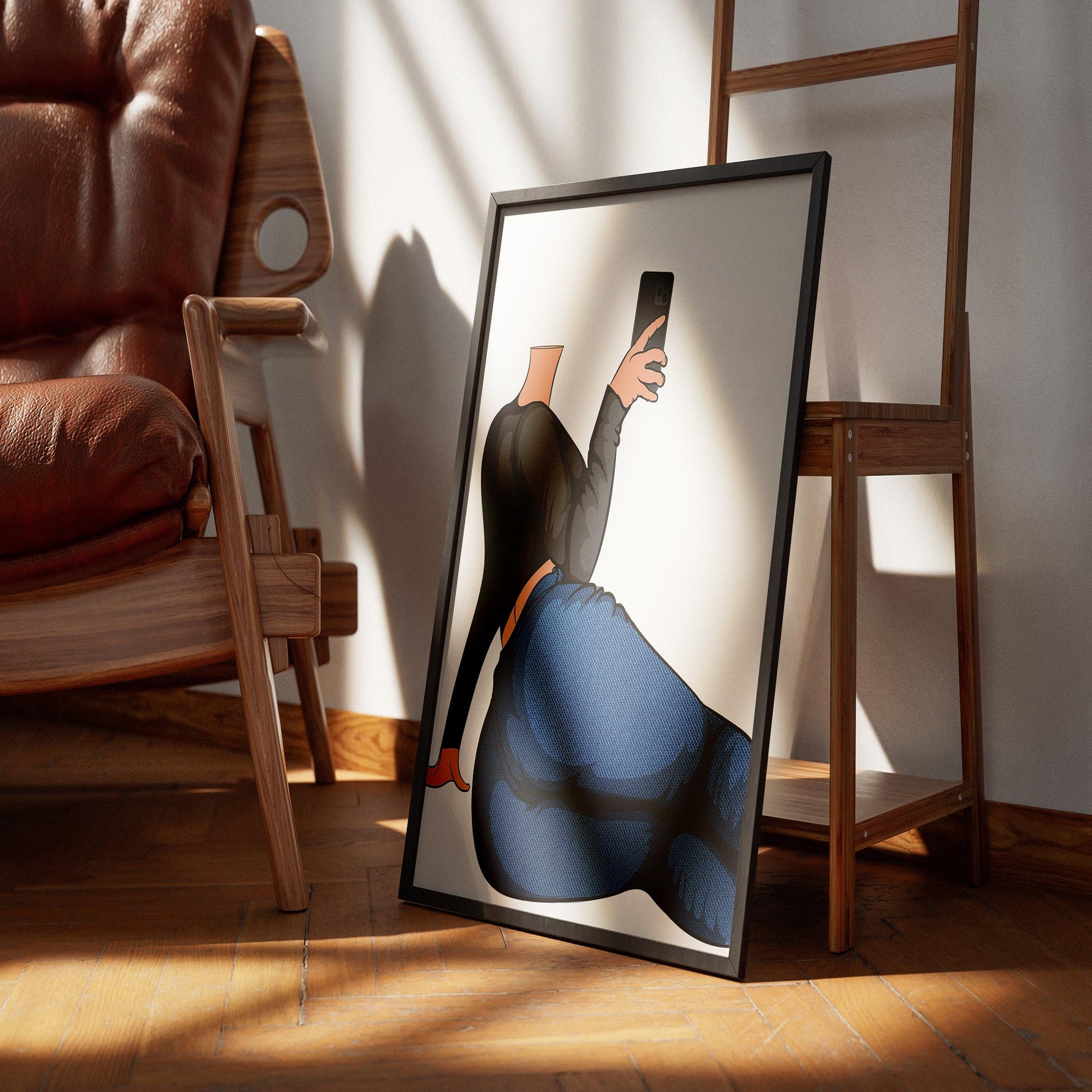 Illustration of a character lounging with smartphone, wearing detailed denim jeans and a dark long-sleeve top, emphasizing modern lifestyle and fashion.