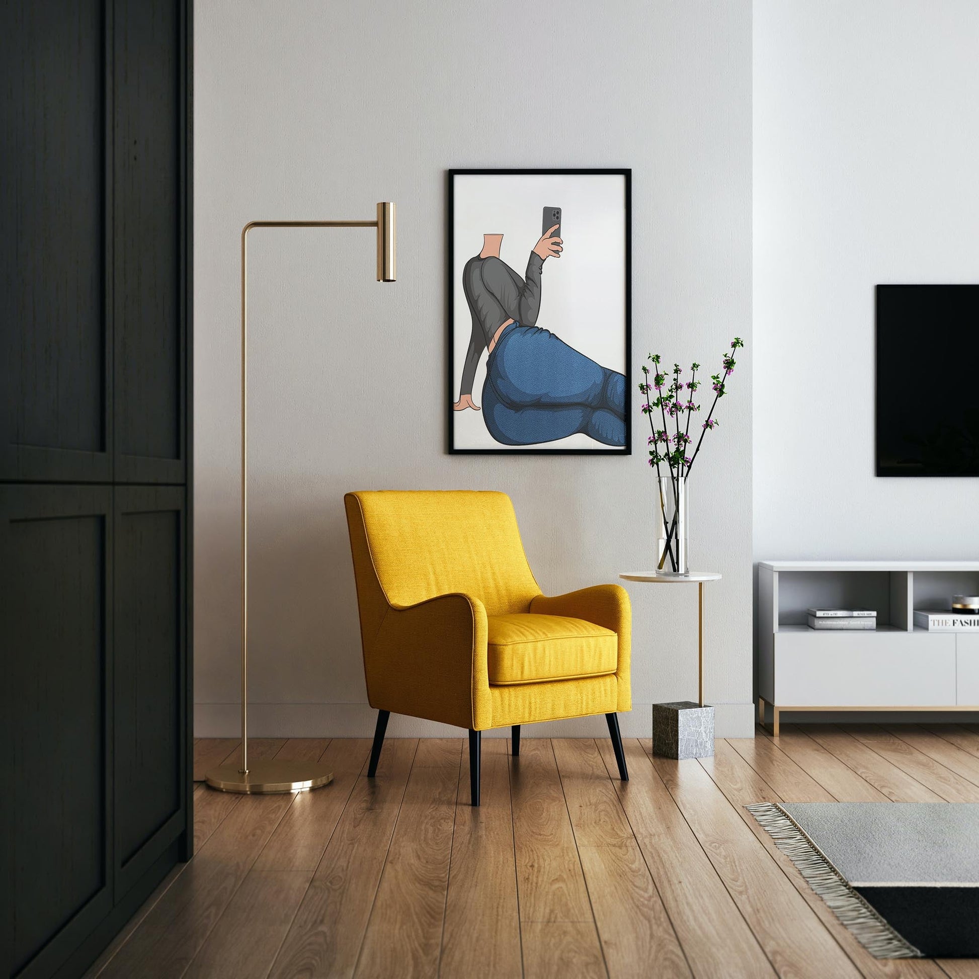 Illustration of character lounging with smartphone, wearing detailed denim jeans and dark top, showcasing casual lifestyle and fashion.