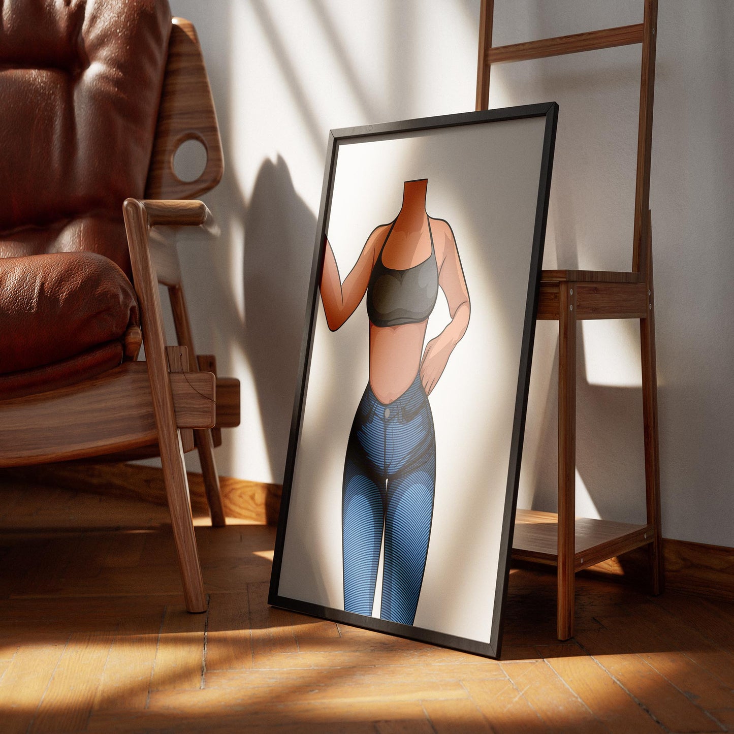 Stylish denim illustration artwork on a framed print showcasing Jeans Denim Model 34 by Baked Art.