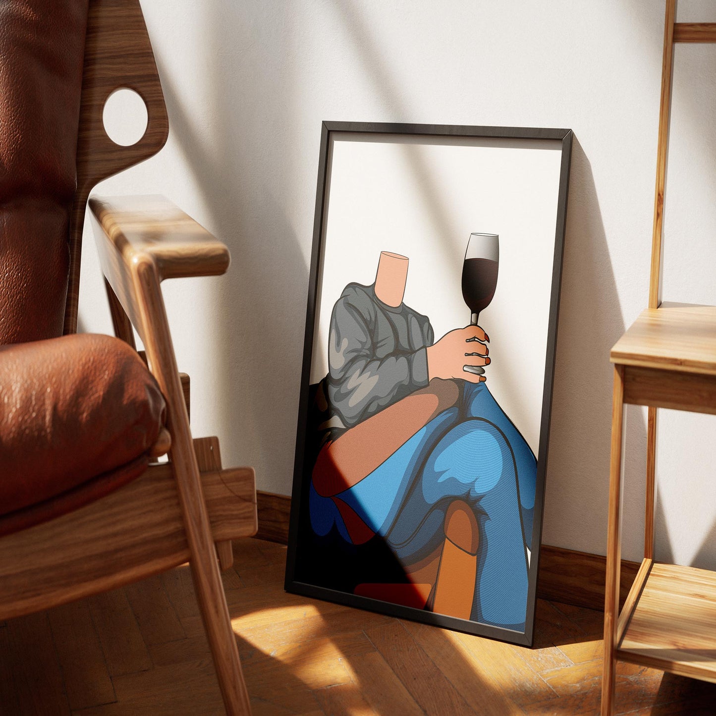 Digital artwork of a person in denim jeans holding a wine glass, titled 'Baked Art - Jeans Denim Model 35'.
