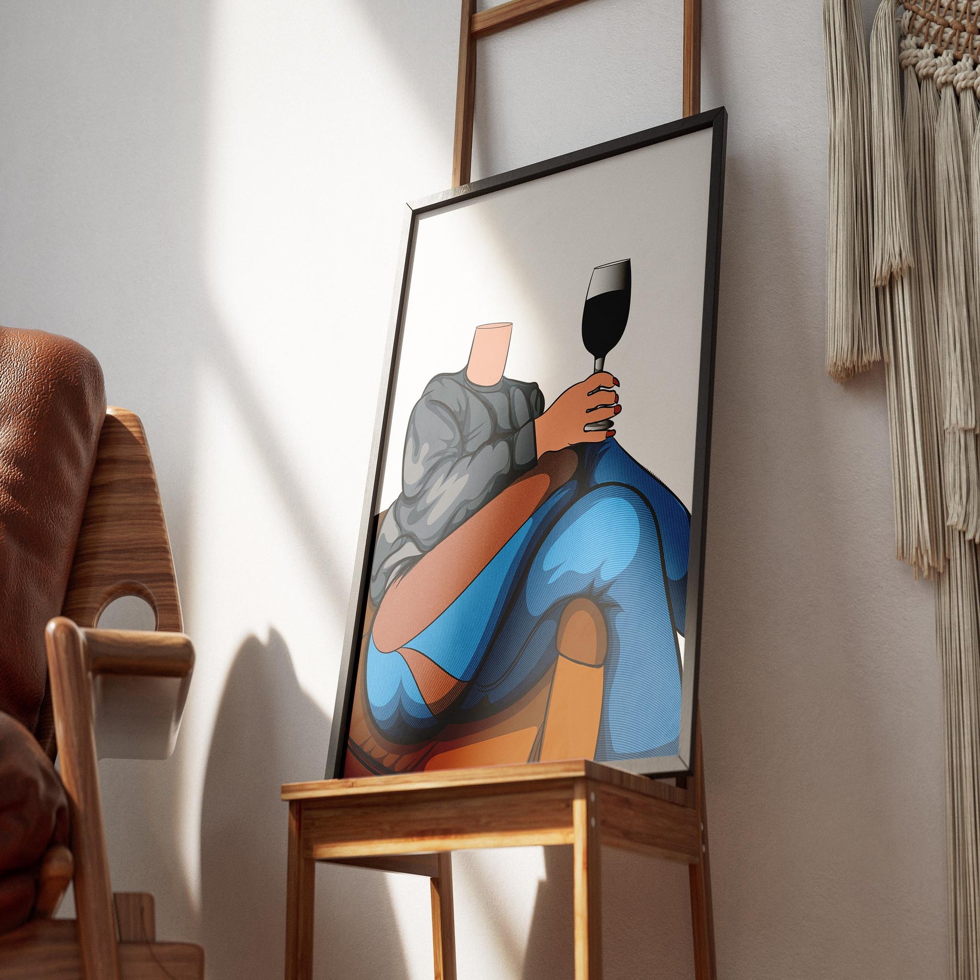 Chic digital art of relaxed figure in jeans and sweater holding a glass, perfect for lifestyle branding.