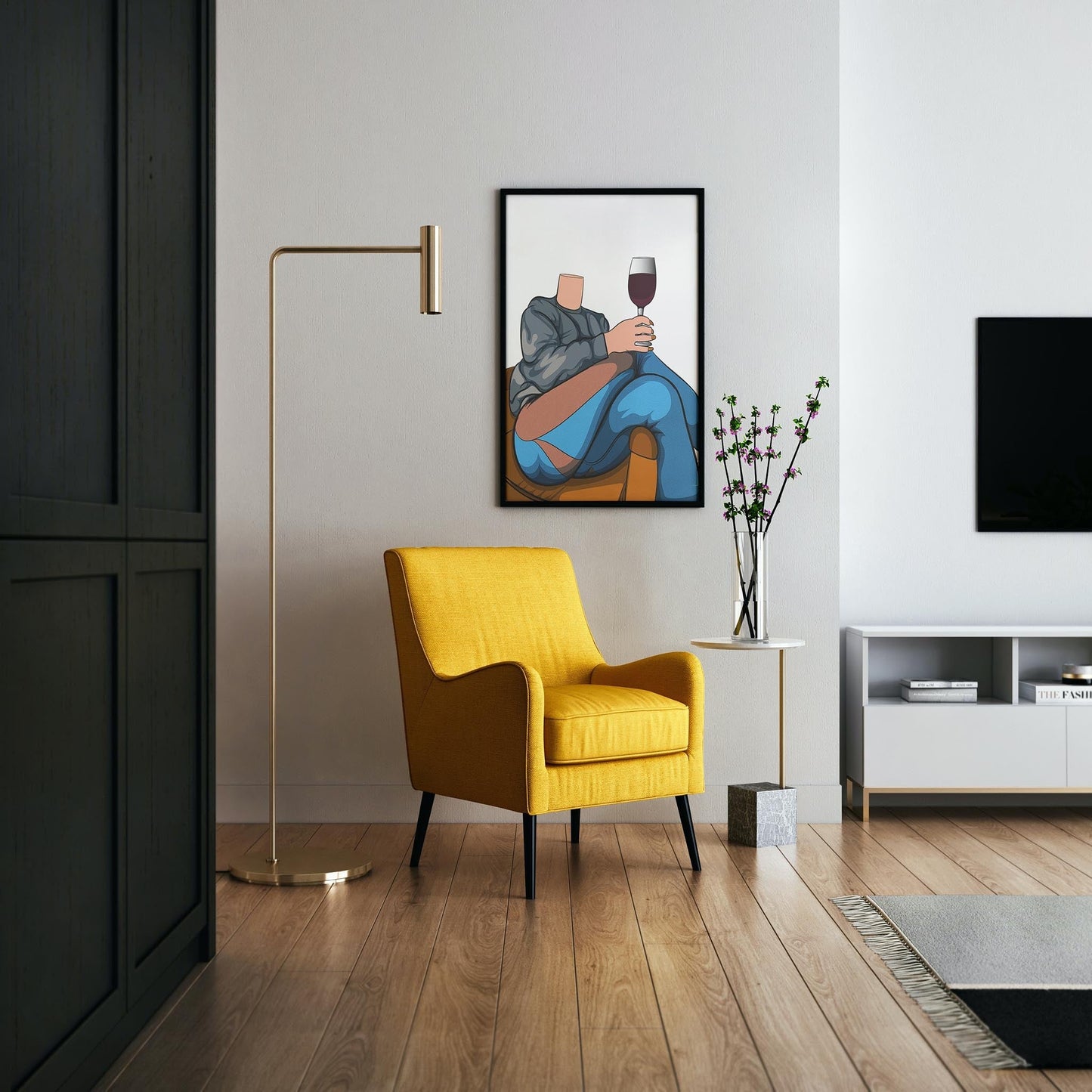 Digital artwork featuring a person in denim jeans, sweater, holding a glass, displayed in a modern living room setting.