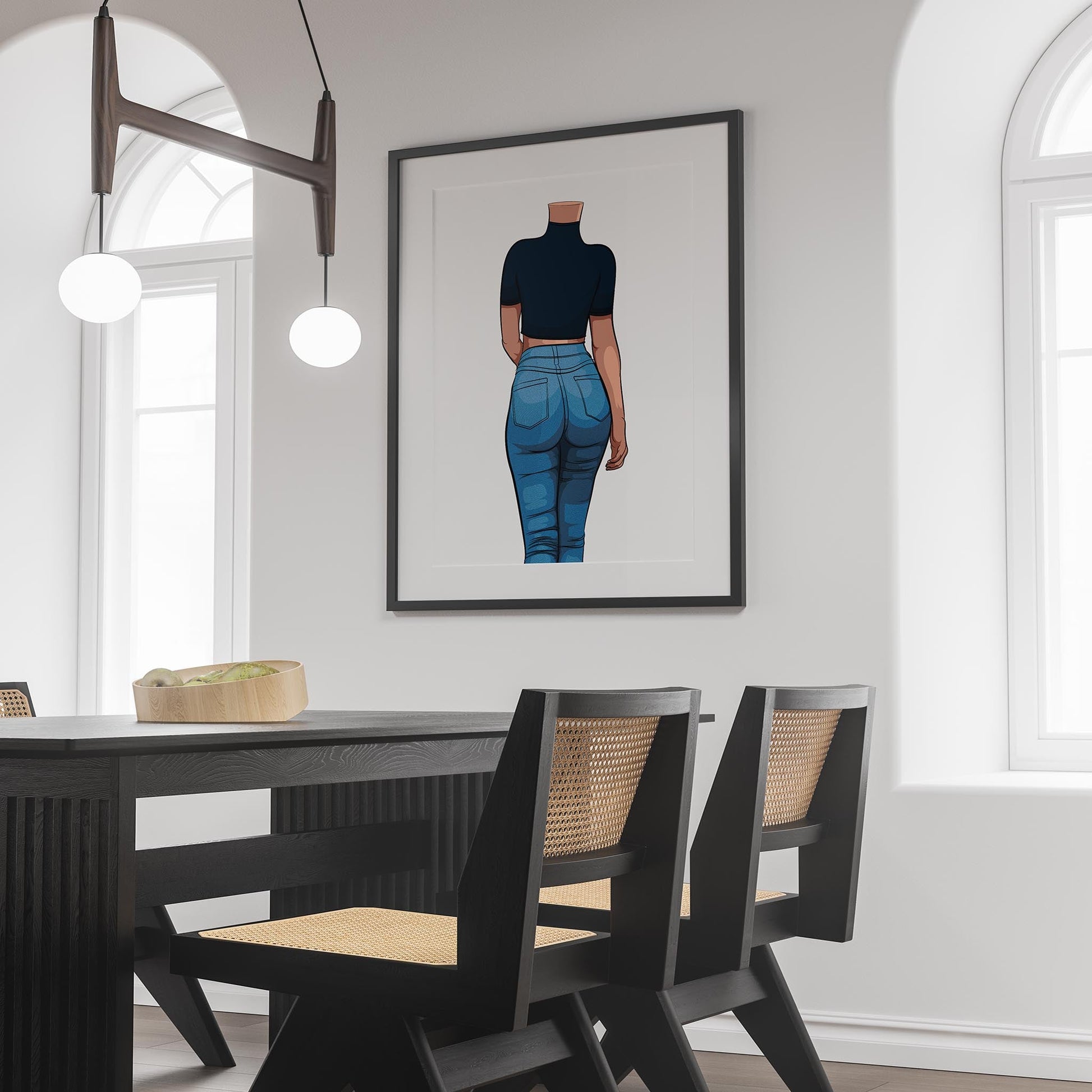 Modern interior with framed digital art of figure in high-waisted jeans, showcasing sleek pop art style.