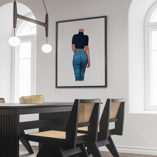 Modern interior with framed digital art of figure in high-waisted jeans, showcasing sleek pop art style.