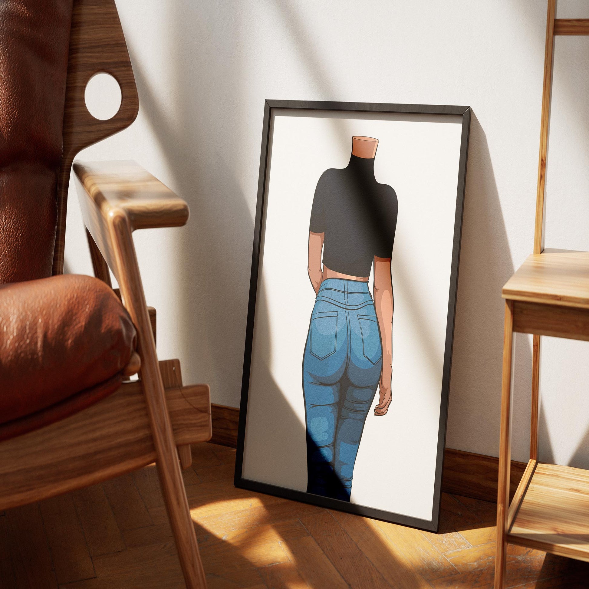 Digital pop art print of Jeans Denim Model 3 in a stylish frame, featuring sleek high-waisted denim design.