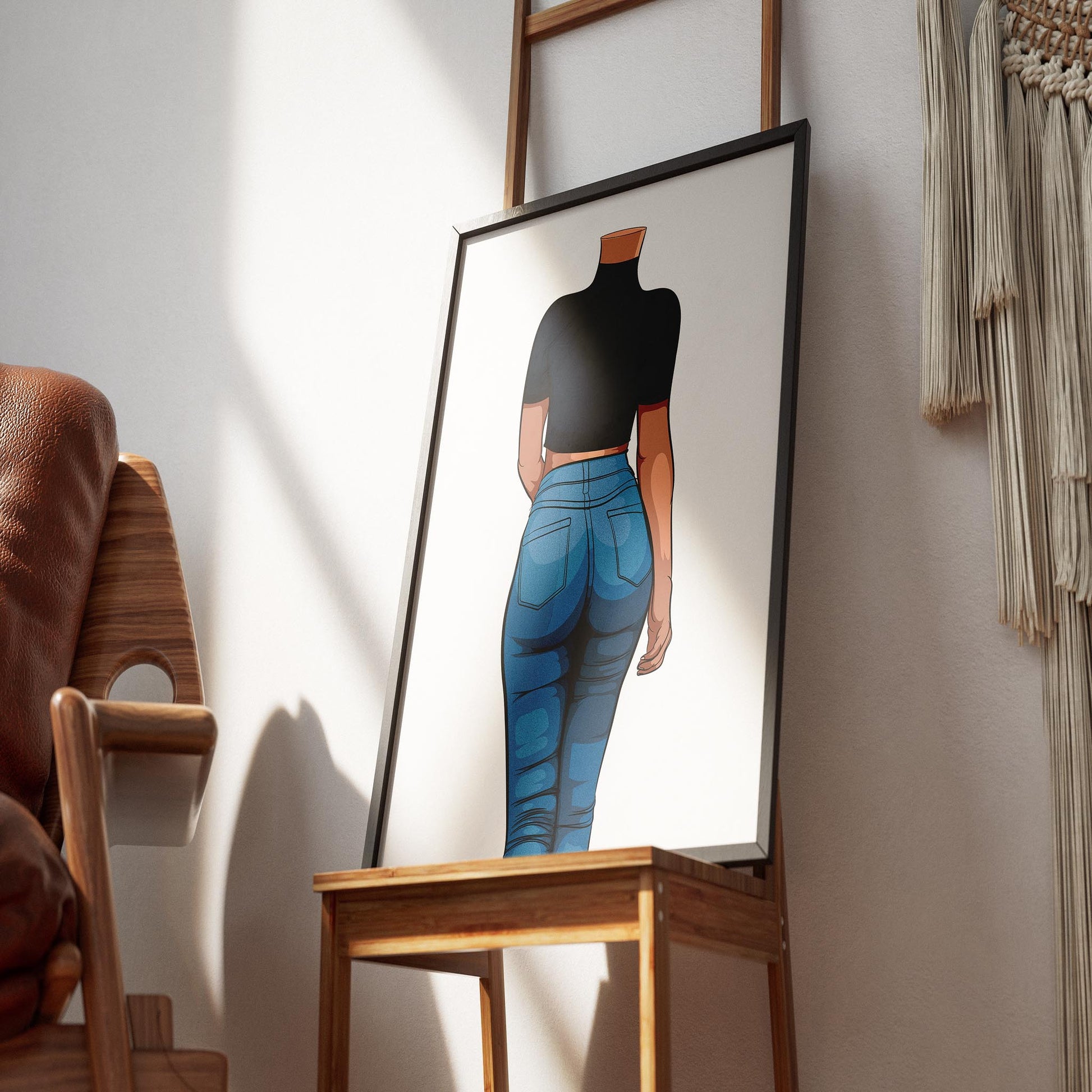 Modern digital art of a figure in high-waisted denim jeans framed, titled "Jeans Denim Model 3 - Digitalized Arts Baked Art".