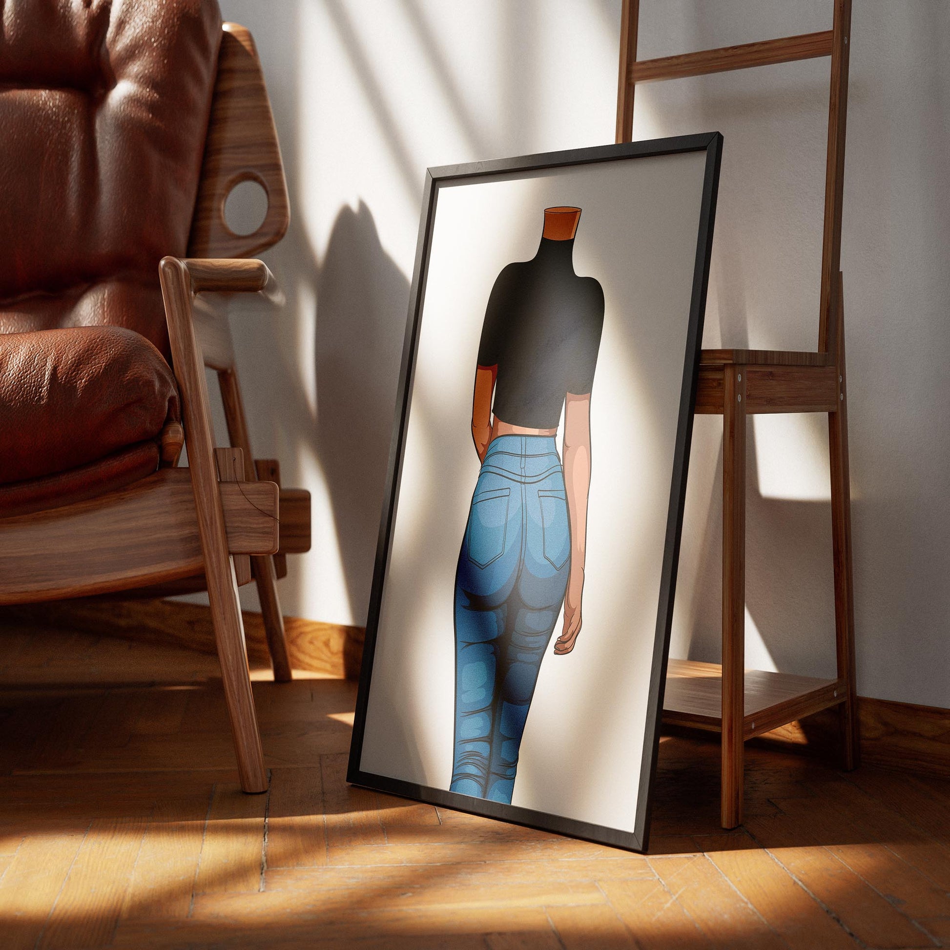Digital pop art print of a figure in high-waisted jeans, framed in a modern, minimalist style, resting against a wooden chair.