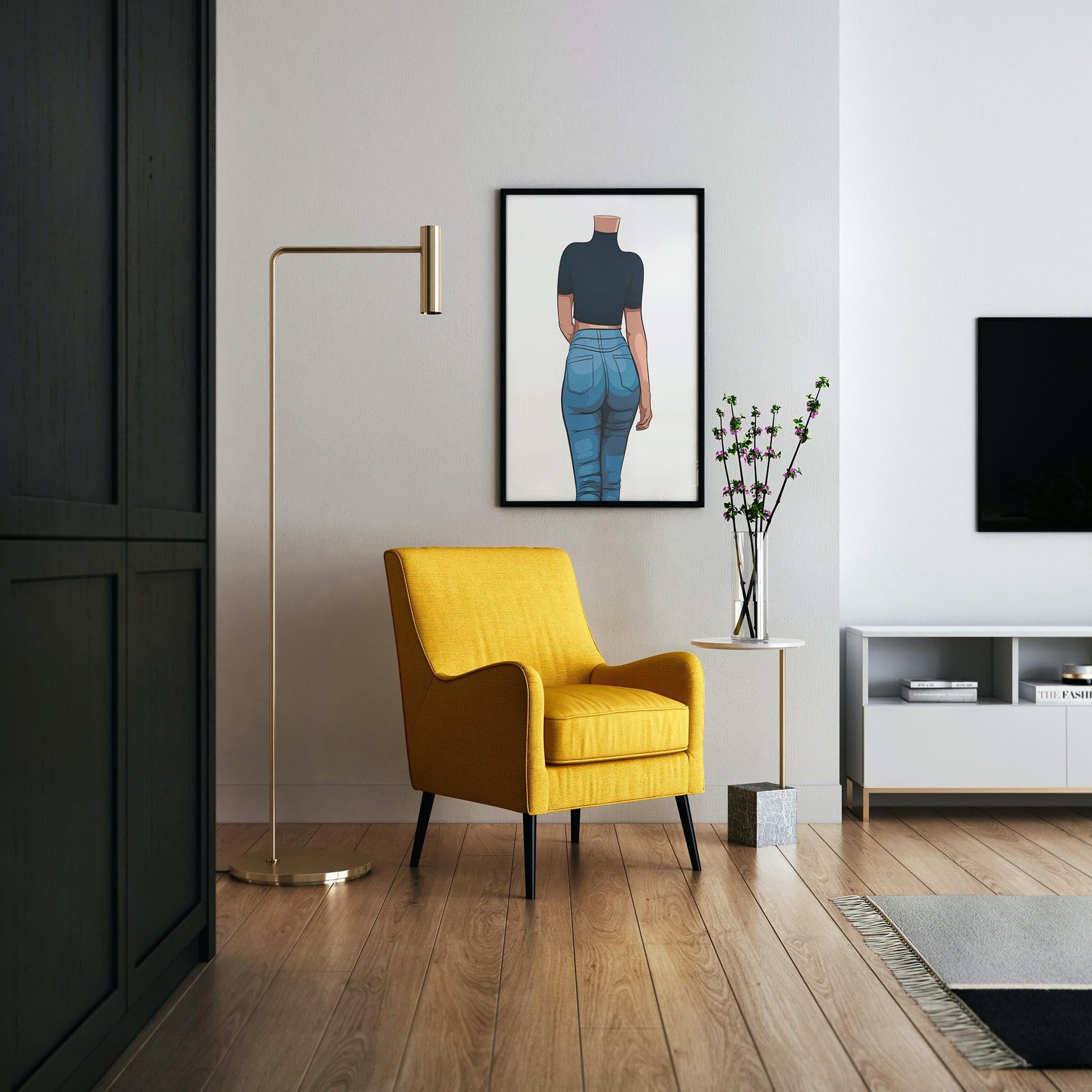 Yellow chair in a modern living room with pop art denim-themed wall print, featuring a digitalized high-waisted jeans model, enhancing contemporary decor.