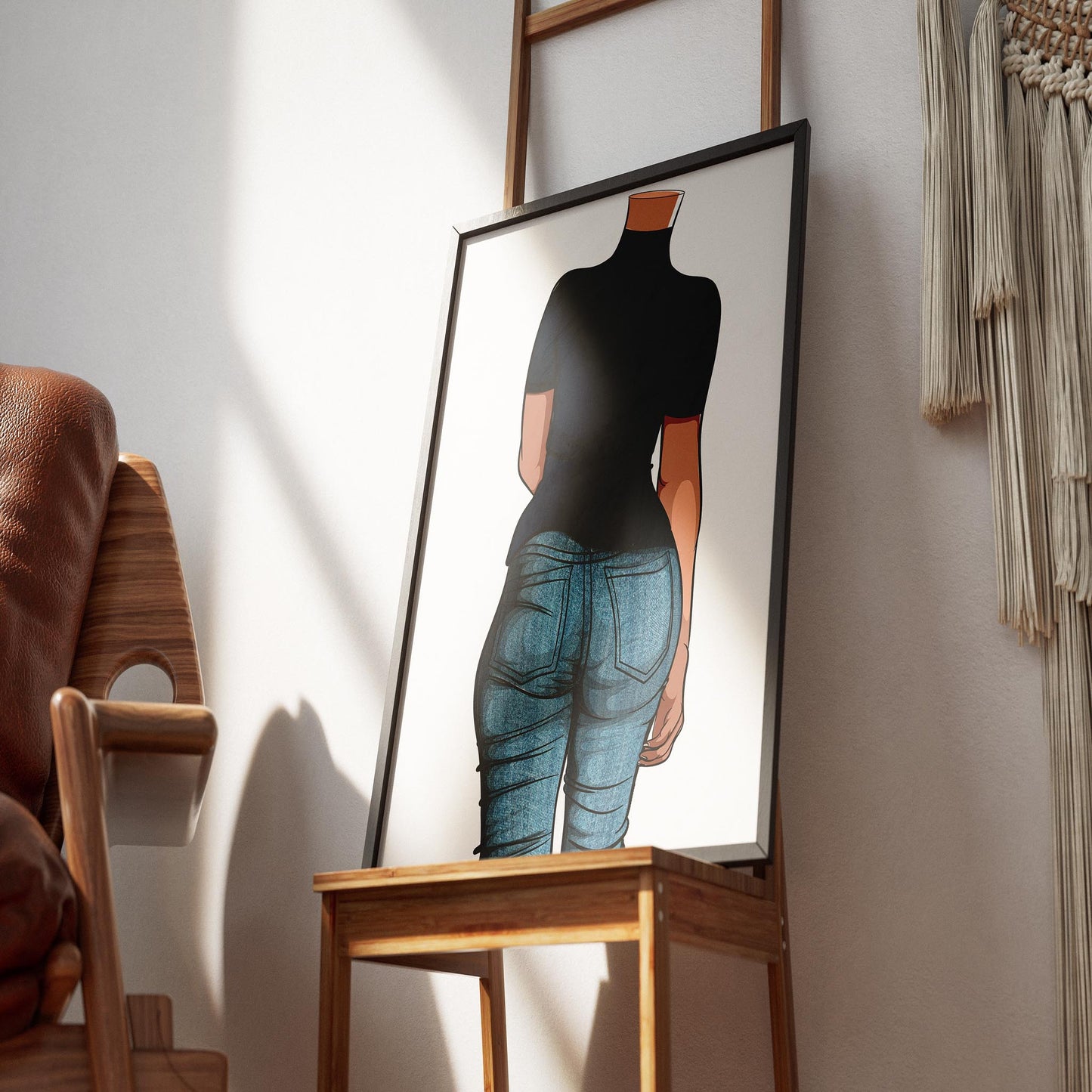 Digital illustration of Baked Art - Jeans Denim Model 45 on a wooden easel, showcasing intricate denim texture and shading in a stylish room setting.
