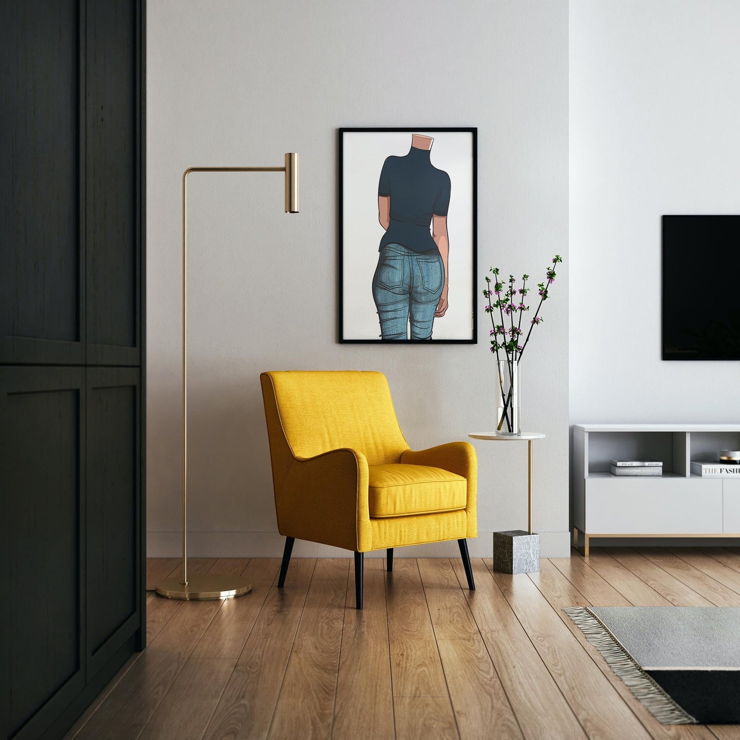 Living room with a framed illustration of Baked Art - Jeans Denim Model 45 above a yellow chair next to a floor lamp.