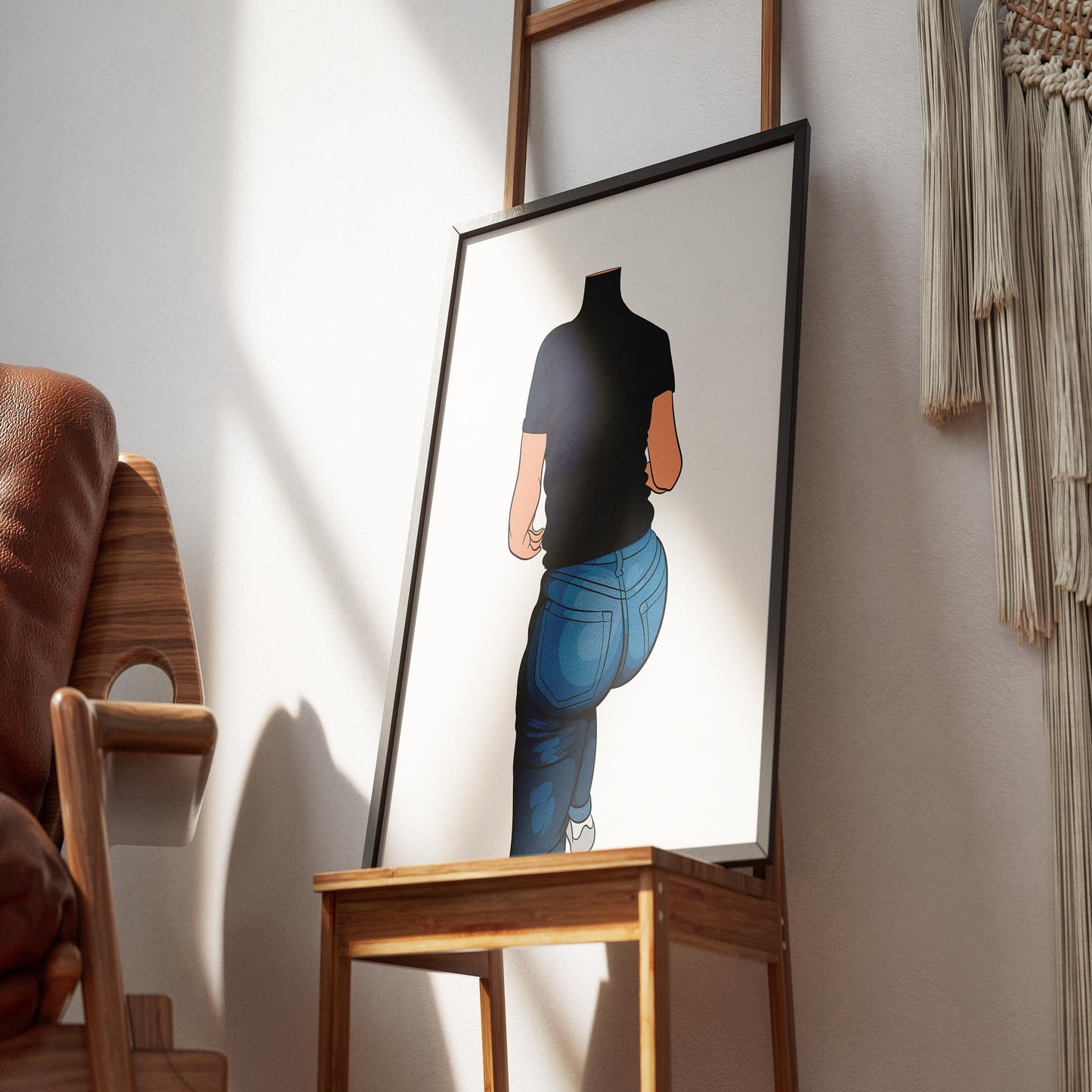 Digital artwork of Jeans Denim Model 47 by Baked Art displayed on a wooden easel.