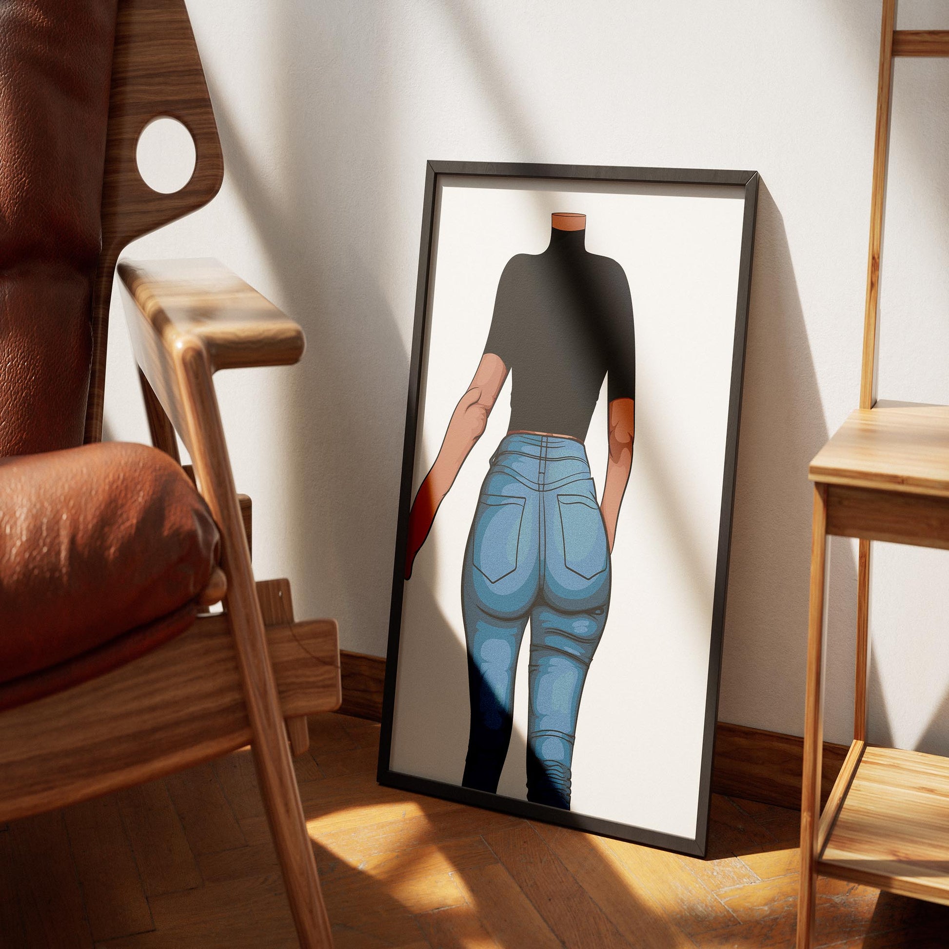 Digital artwork of a figure in high-waisted jeans, framed and leaning against a wall; contemporary pop art style.