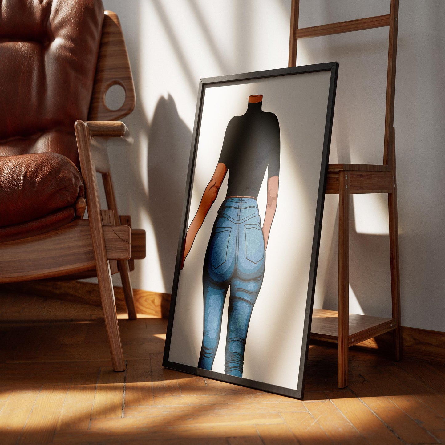 Digital pop art of figure in high-waisted denim jeans, titled "Jeans Denim - Baked Model Art 4," displayed in an elegant frame.