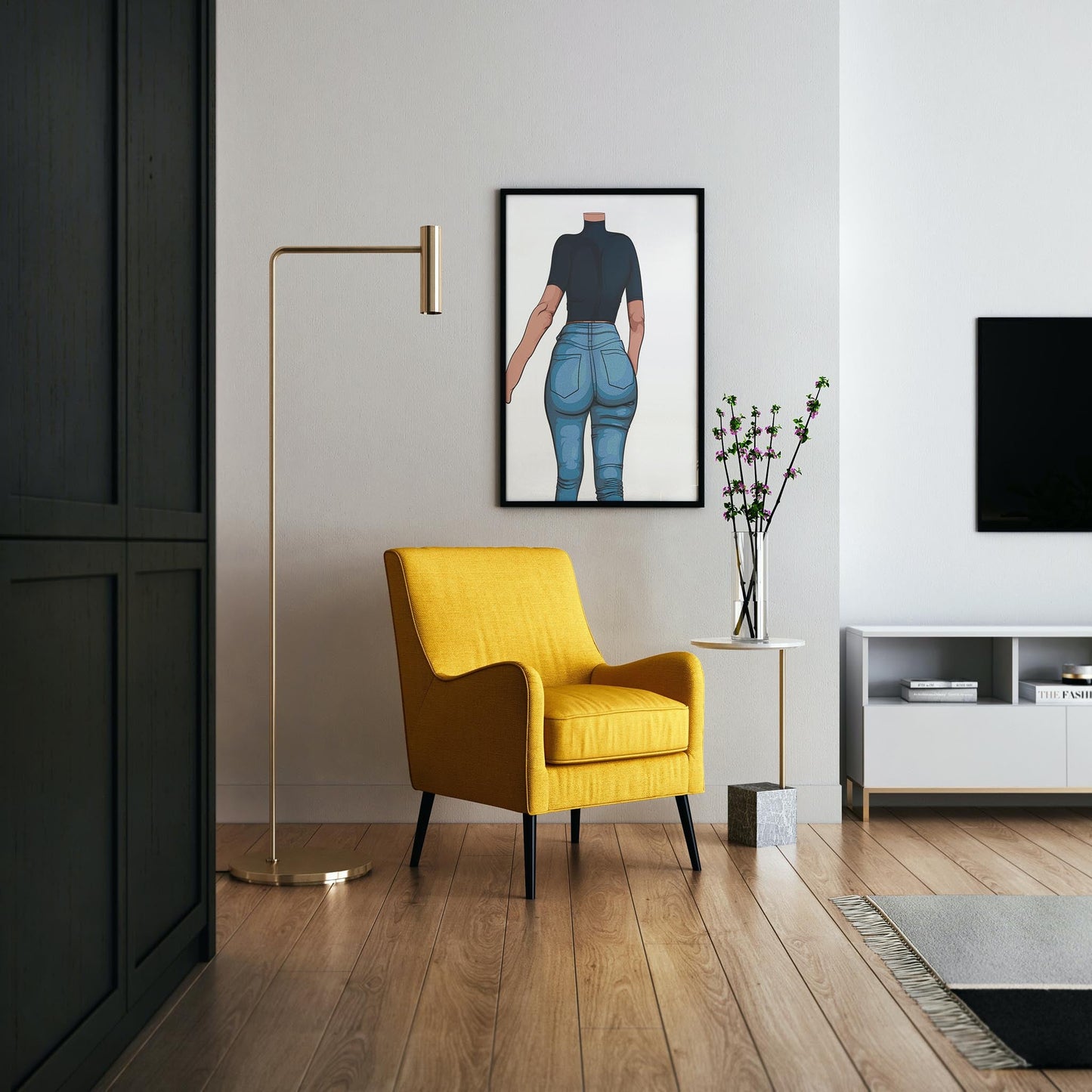 Modern living room with a framed pop art print of high-waisted jeans, yellow armchair, and floor lamp.