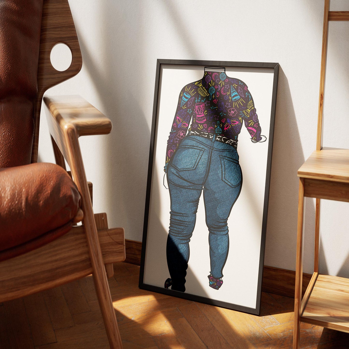 Digital artwork of jeans denim Model 52 by Baked Art, featuring vibrant patterns and detailed shading, framed in a stylish setting.