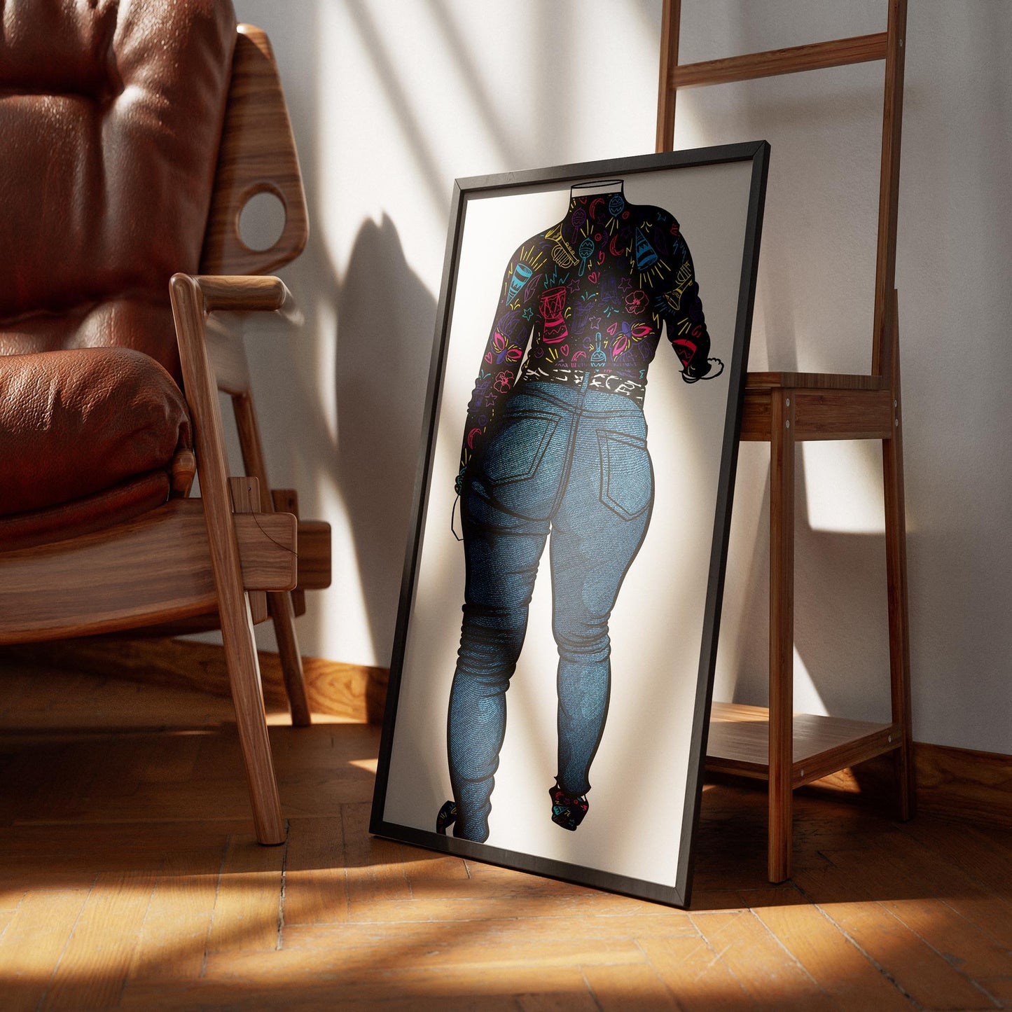 Digital artwork of Jeans Denim Model 52 with vibrant patterns, showcasing creative Baked Art design placed in a frame.