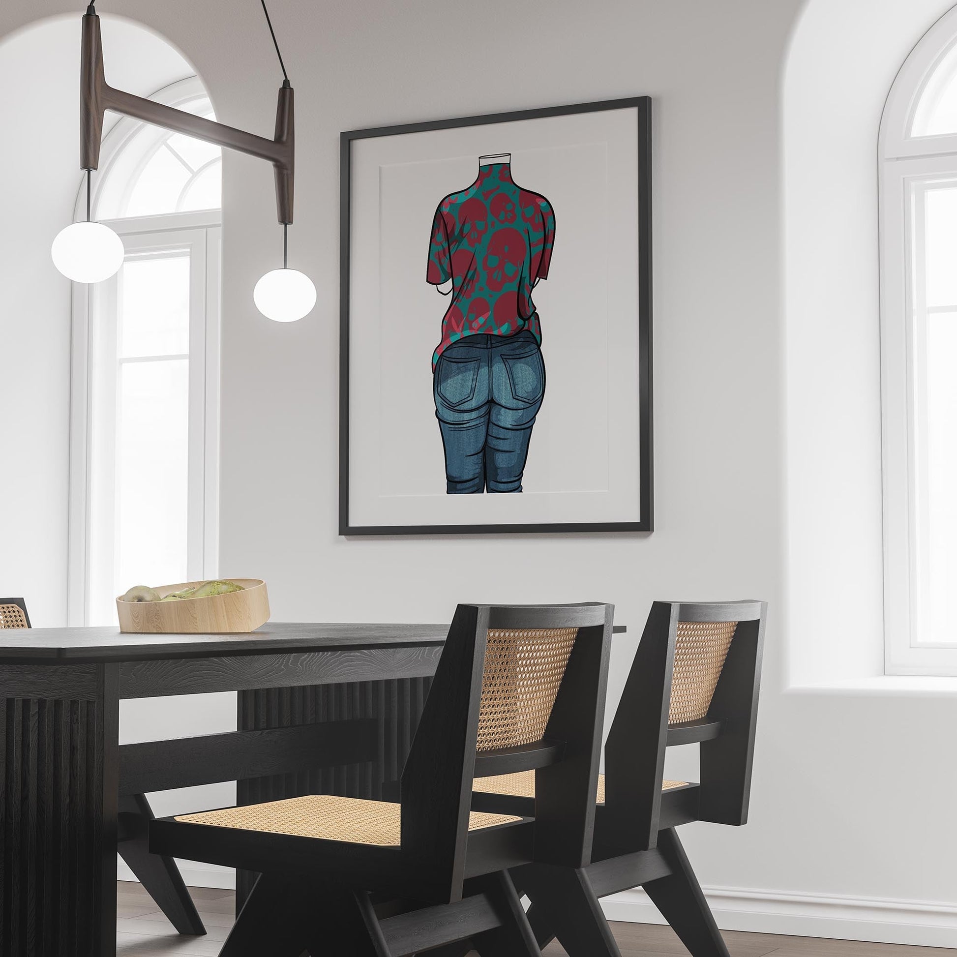 Skull-patterned denim art print in modern dining room setting.