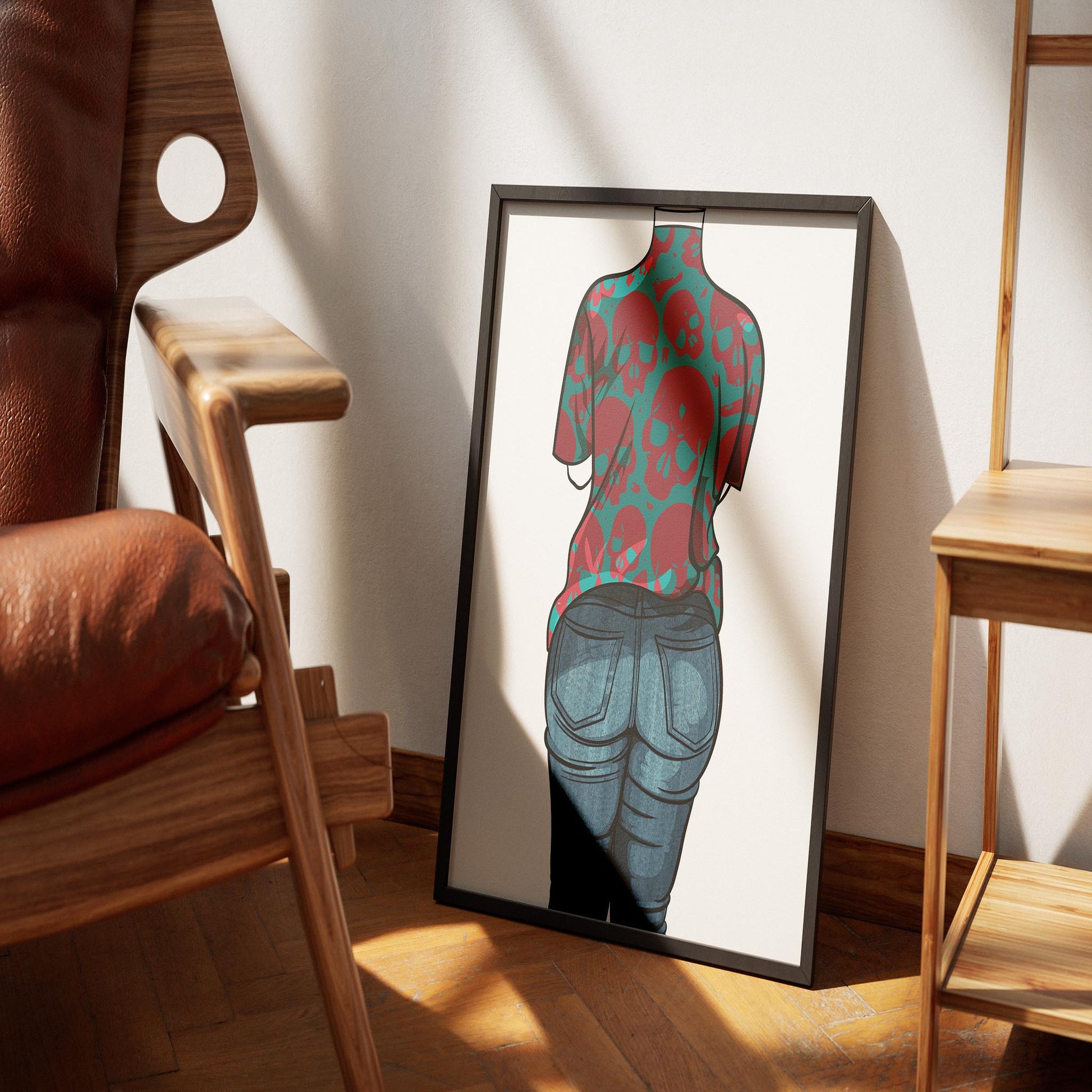 Skull-patterned jeans denim artwork in framed display, Baked Art - Jeans Denim Model 53.