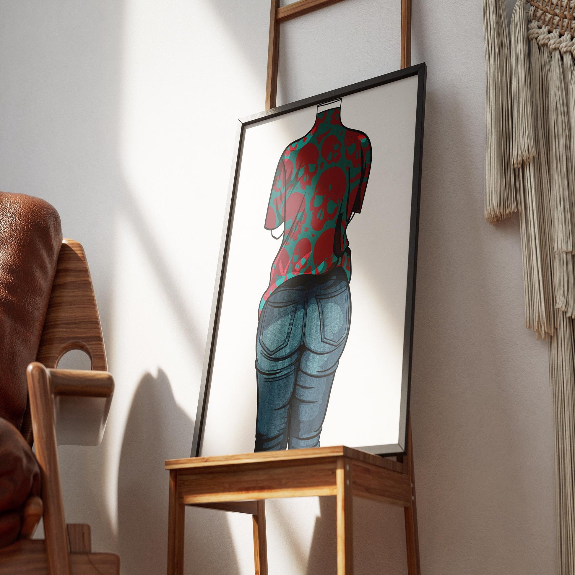 Skull-patterned denim artwork in a framed print, showcasing Baked Art - Jeans Denim Model 53.