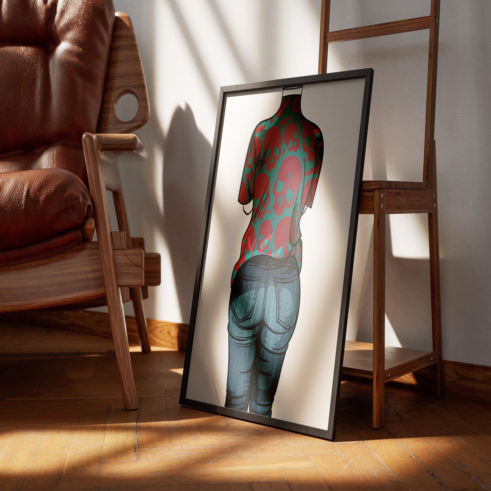 Edgy skull-patterned artwork on denim, Baked Art - Jeans Denim Model 53.