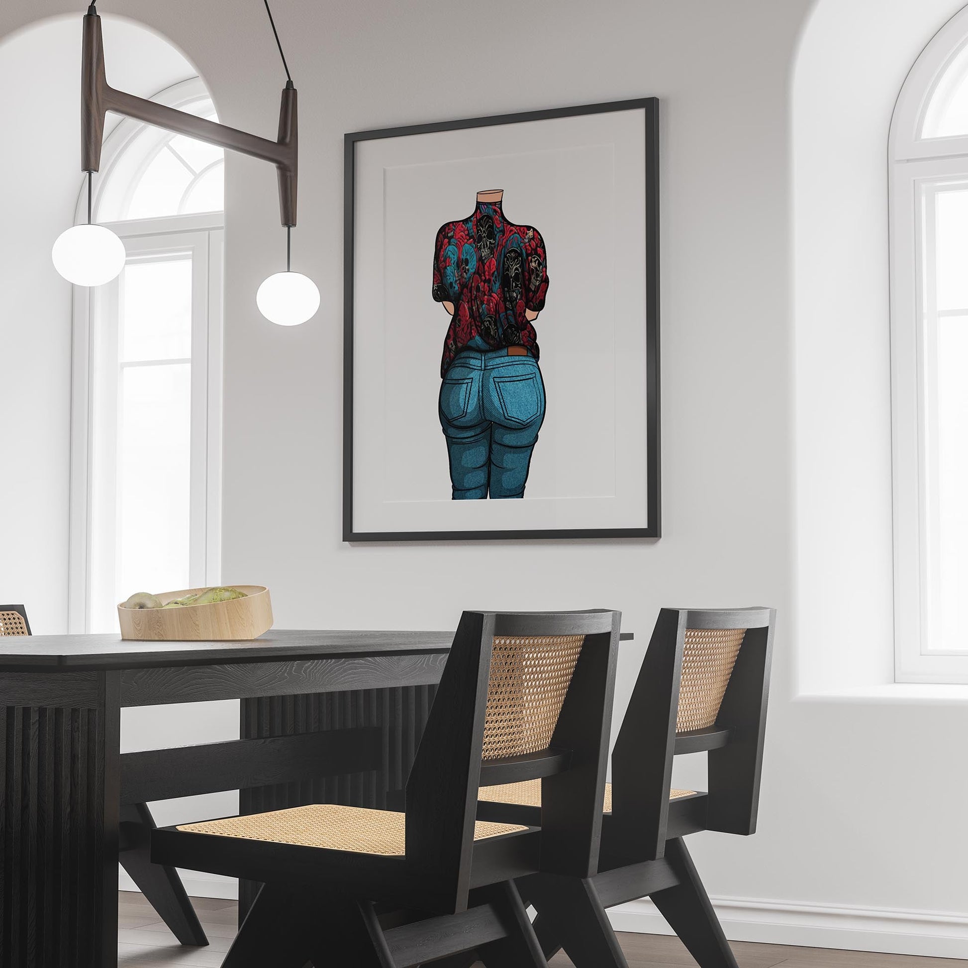 Skull-themed digital artwork with bold red and blue hues, featuring denim design, framed on a modern interior wall.