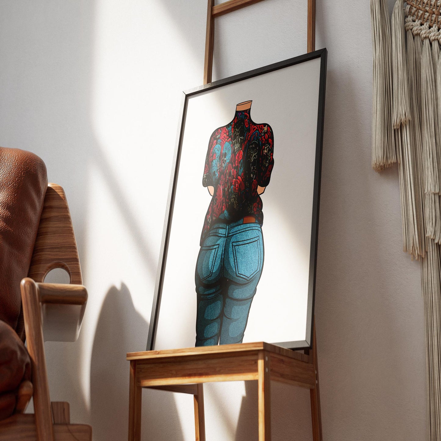 Digital artwork poster featuring skull-themed design on jeans, Baked Art - Jeans Denim Model 54, showcased in a frame.