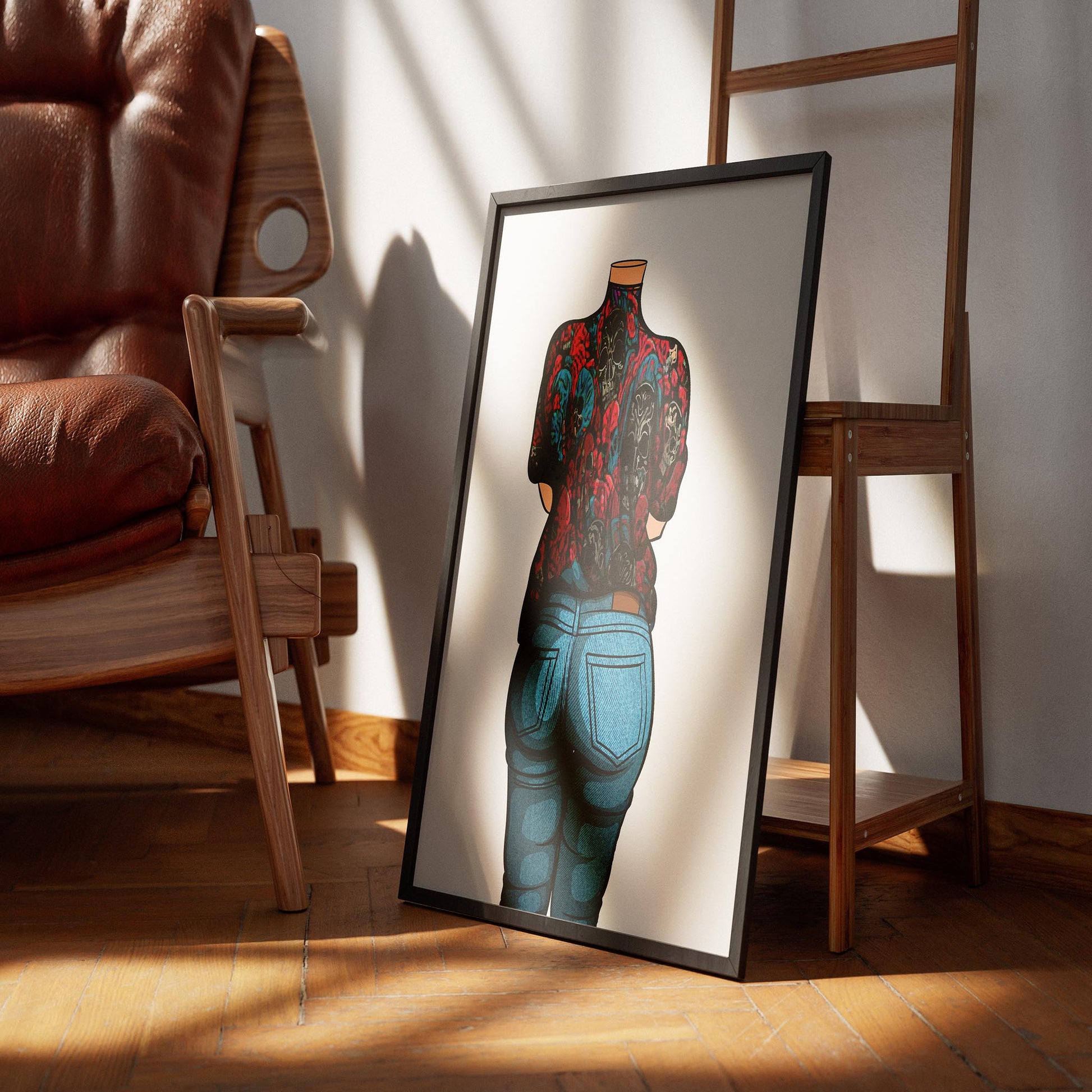 Skull-themed denim artwork poster leaning against a chair in a sunlit room, titled "Baked Art - Jeans Denim Model 54."