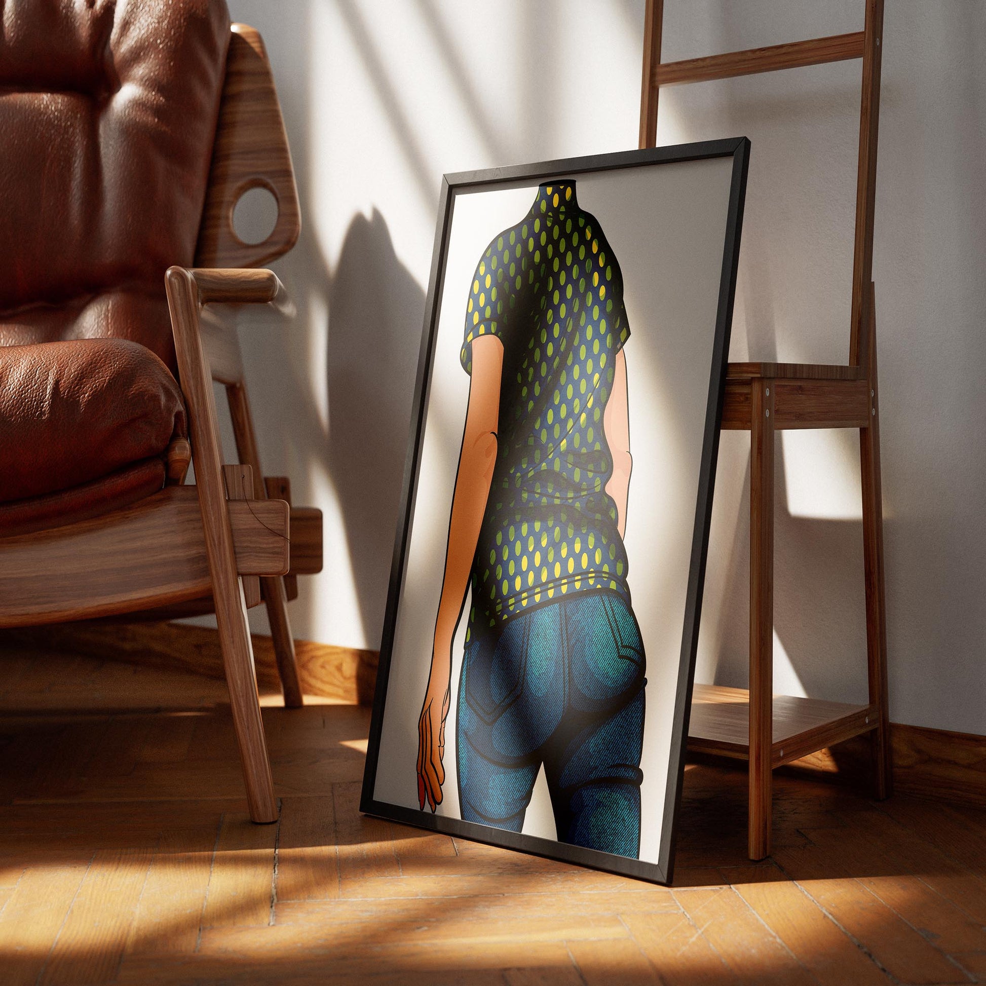 Illustration of Baked Art Jeans Denim Model 56 with retro dotted top in a stylish frame.