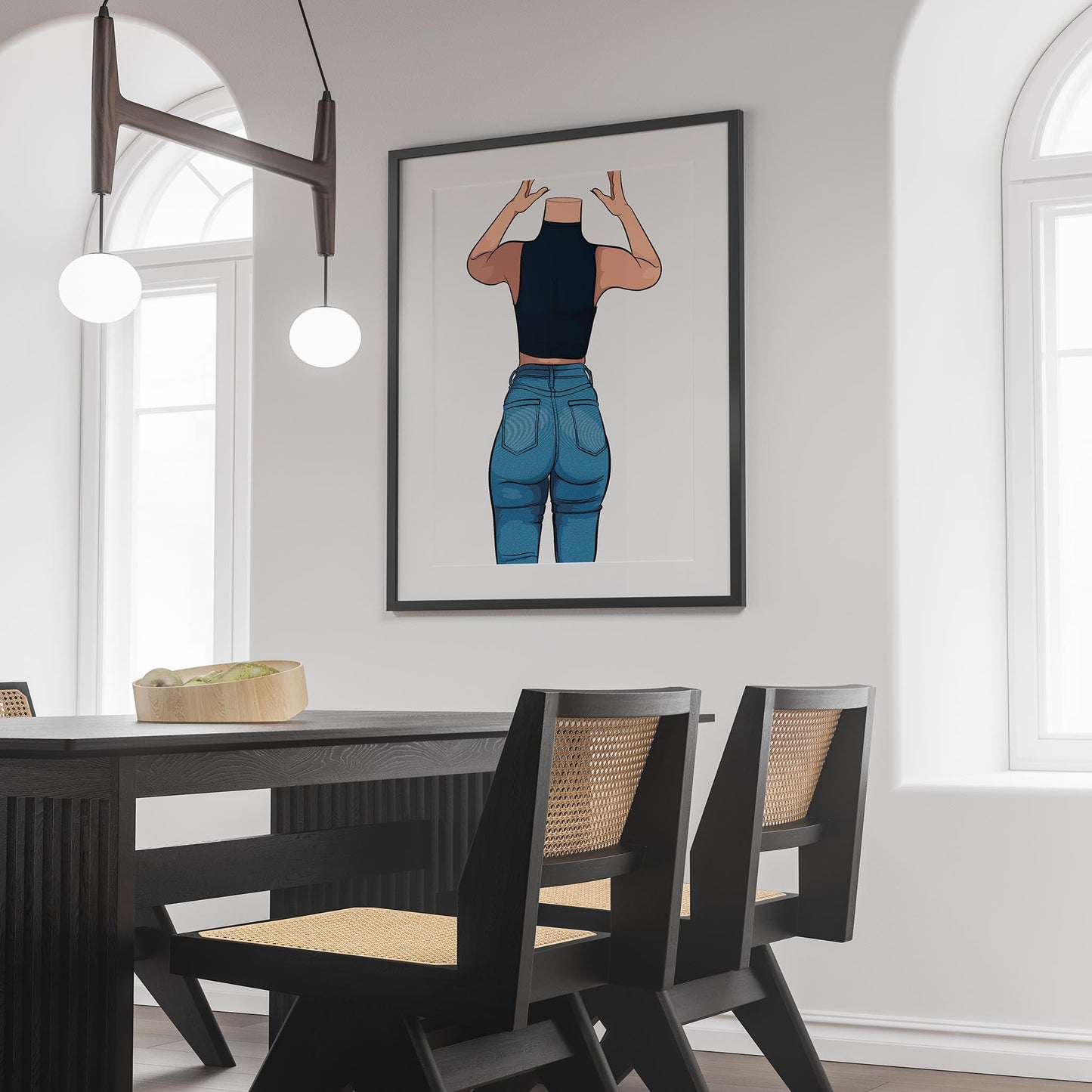 Chic digital artwork featuring a model in high-waisted denim jeans.