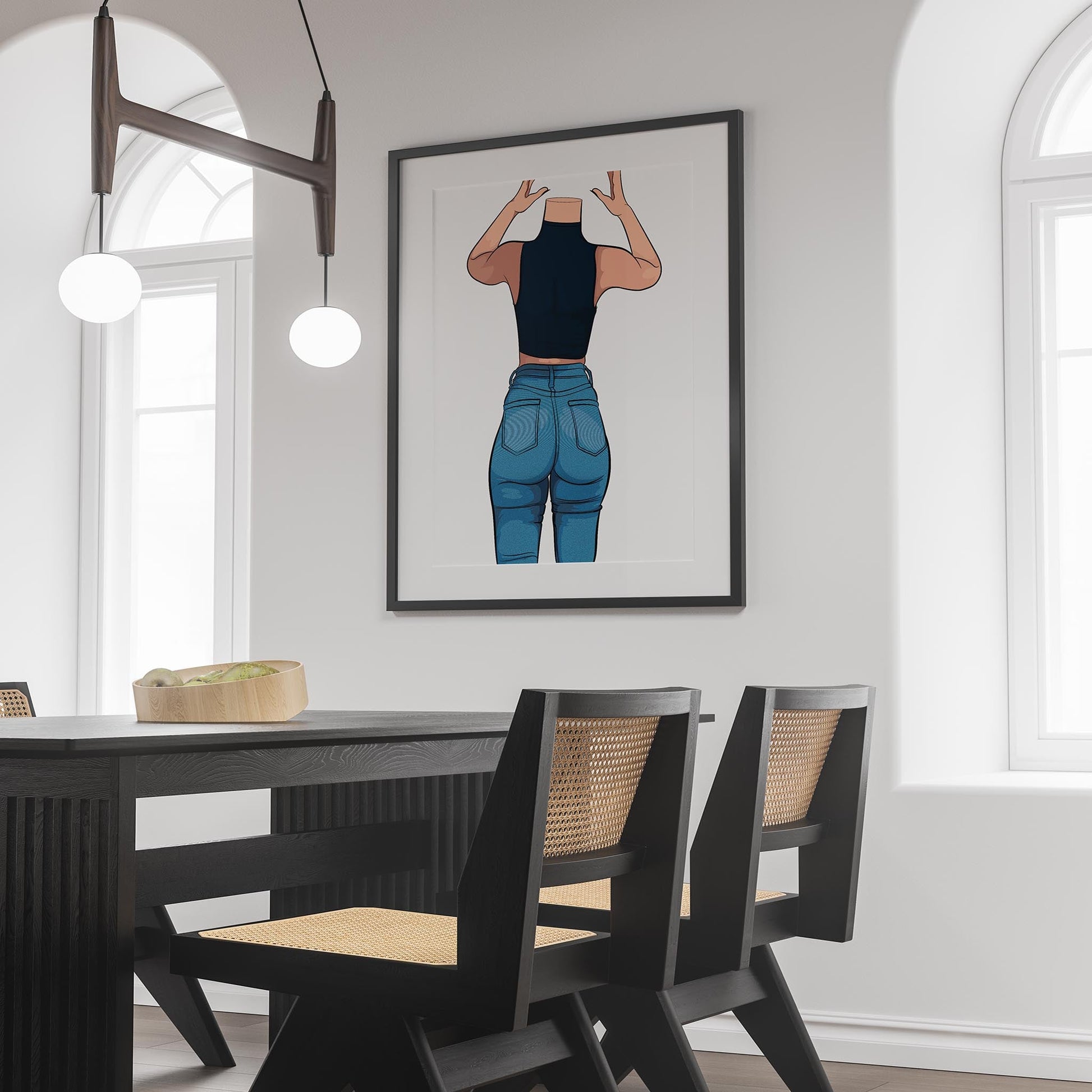Chic digital artwork featuring a model in high-waisted denim jeans.
