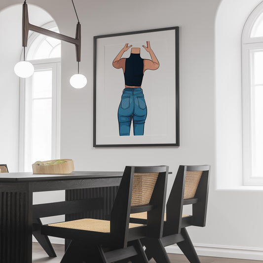 Chic digital artwork featuring a model in high-waisted denim jeans.