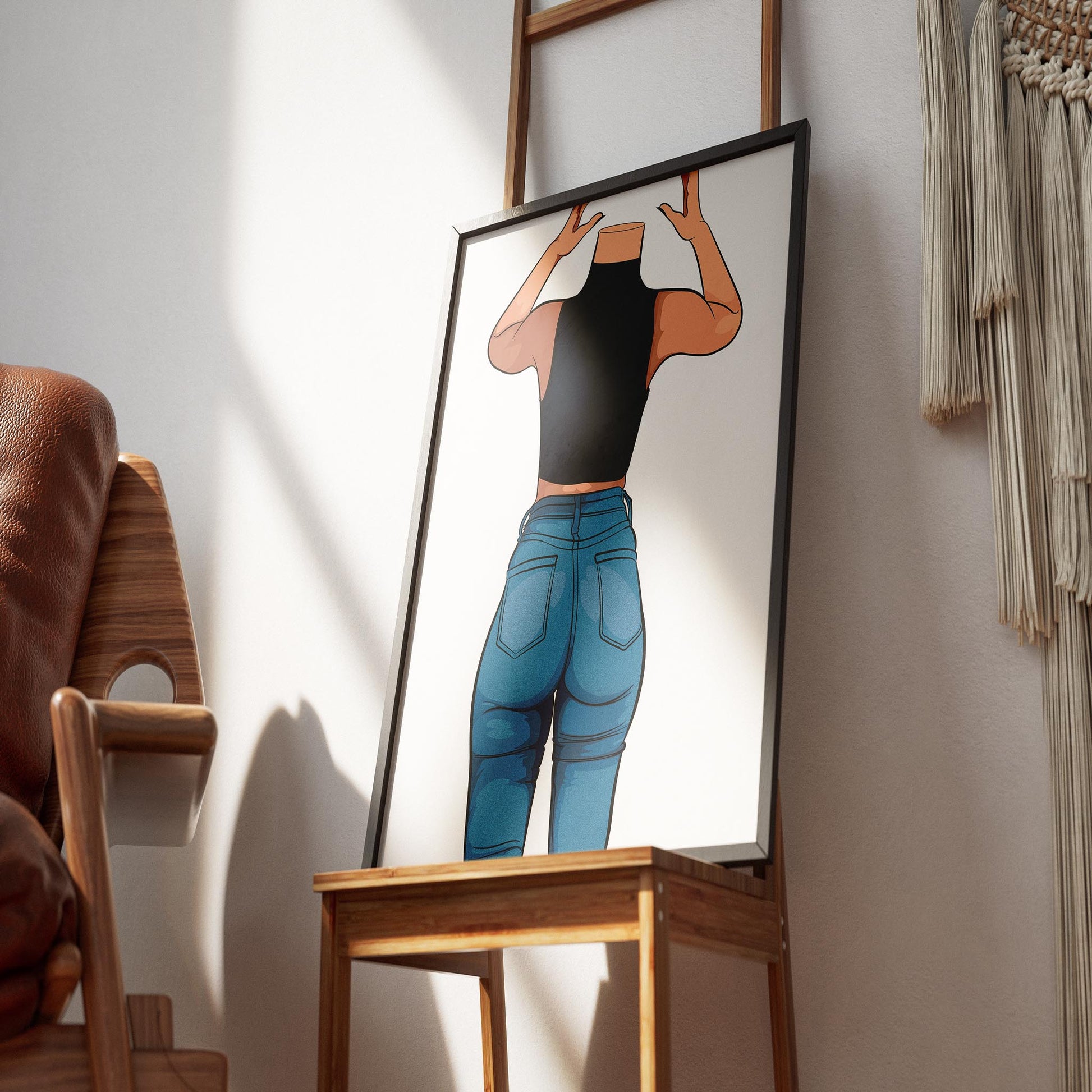 Digital artwork of figure in high-waisted denim jeans, Jeans Denim - Baked Model Art 5, stylish pop art, vibrant blue tones.