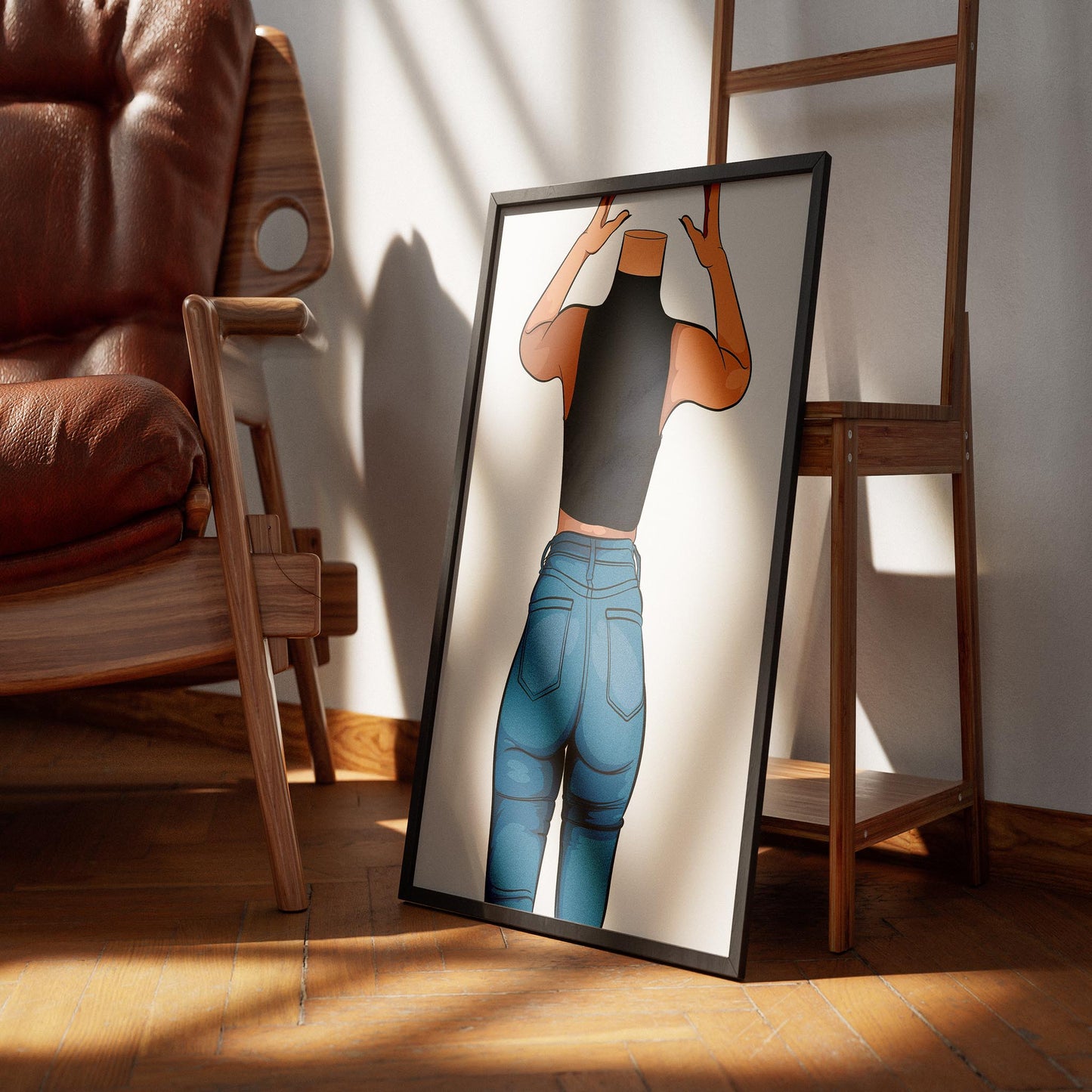 Digital artwork of a figure in high-waisted denim jeans, modern pop art style, Jeans Denim - Baked Model Art 5.