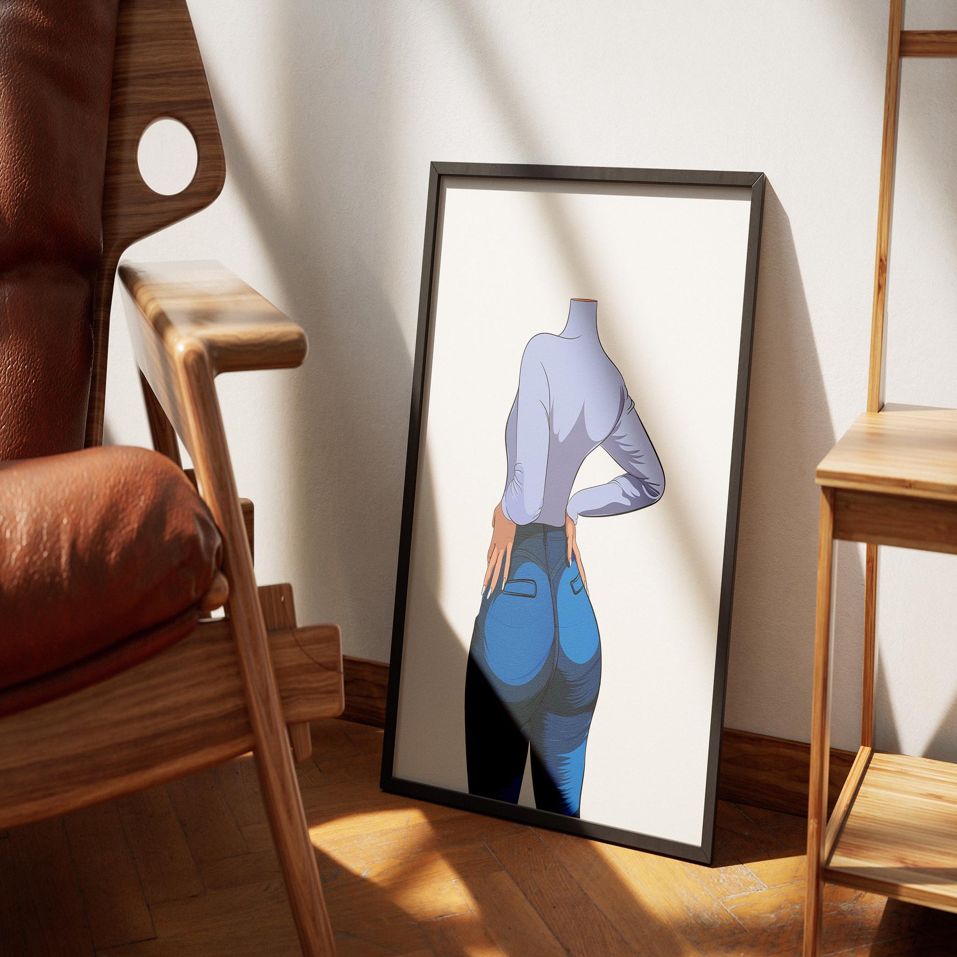 Stylish artwork of a figure in denim jeans, emphasizing texture and highlights, titled "Baked Art - Jeans Denim Model 60".