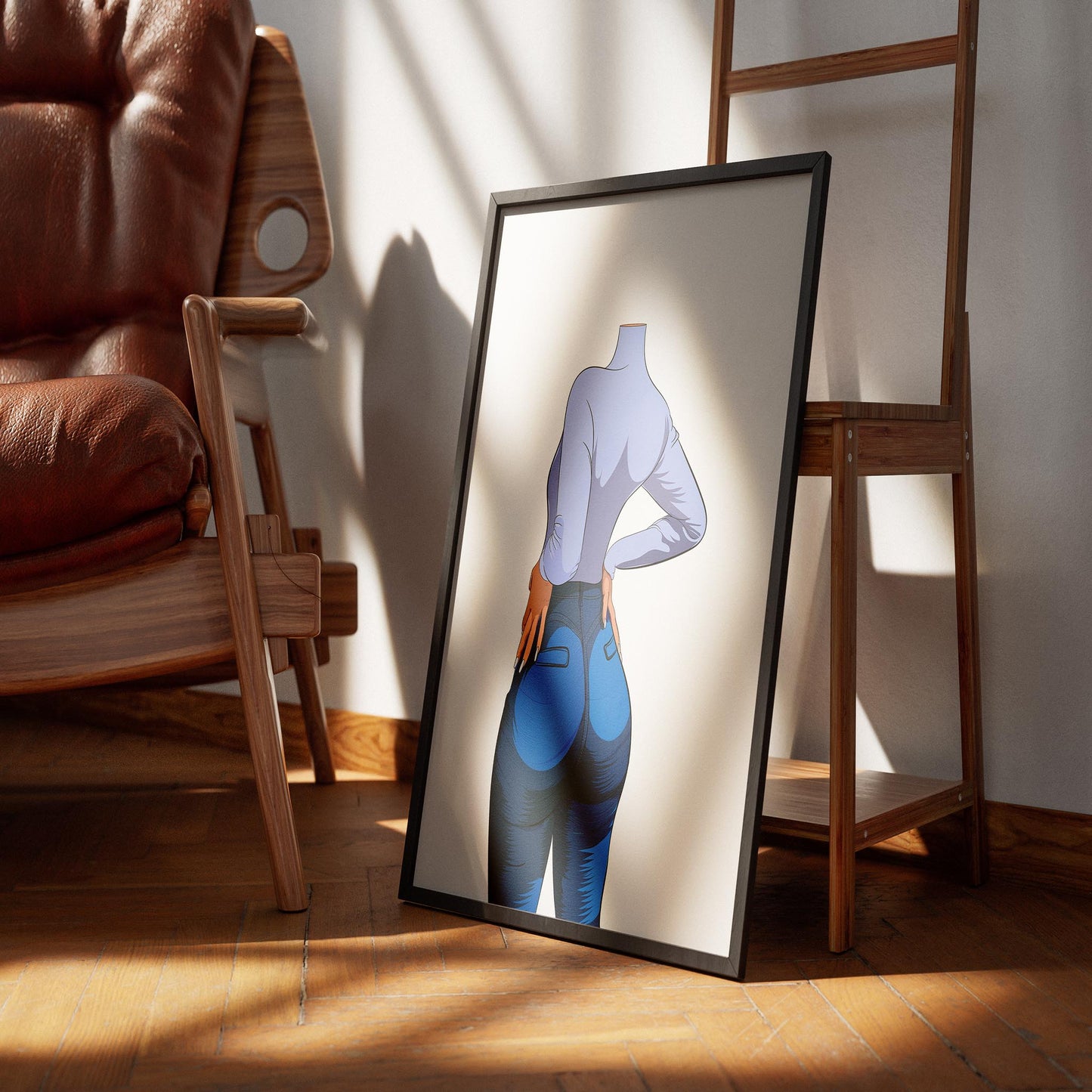 Stylized denim art illustration of a figure in a form-fitting ensemble, showcasing texture and highlights.