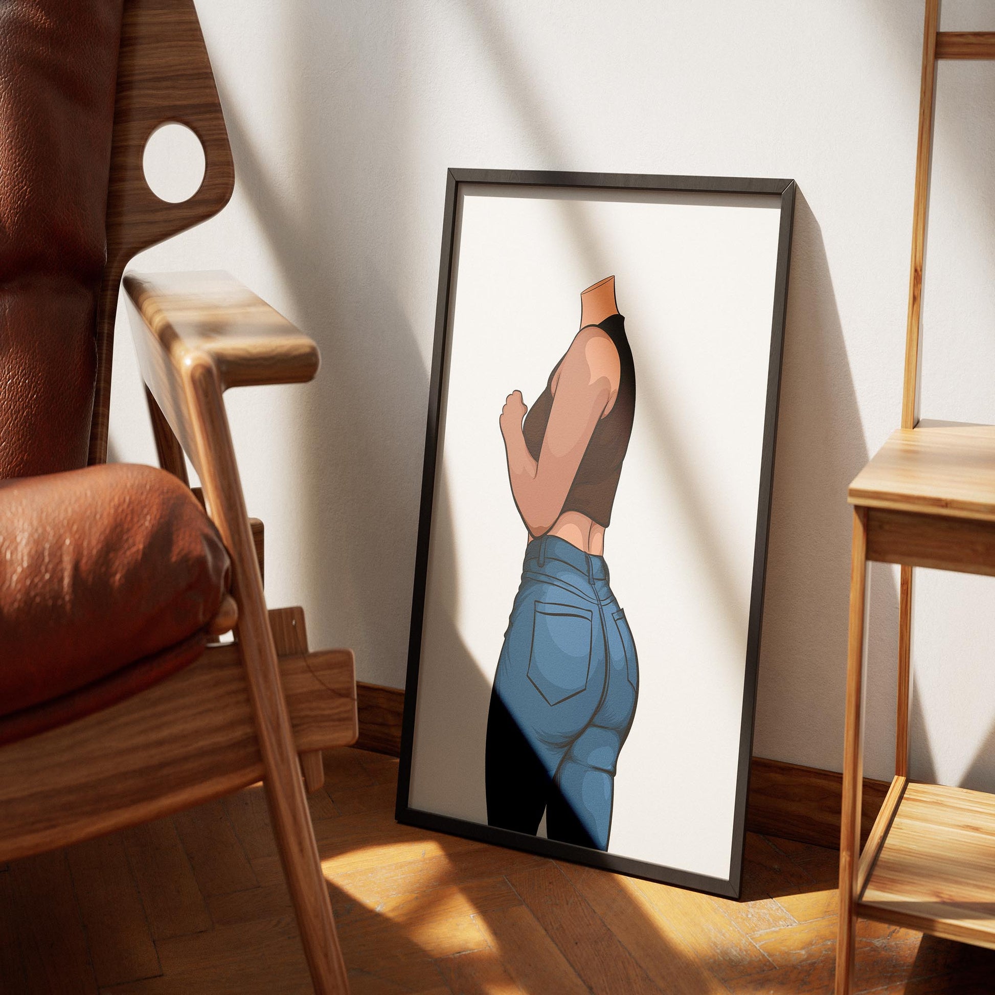 Digital art featuring a figure in blue denim jeans and sleeveless top, titled "Baked Art - Jeans Denim Model 61".